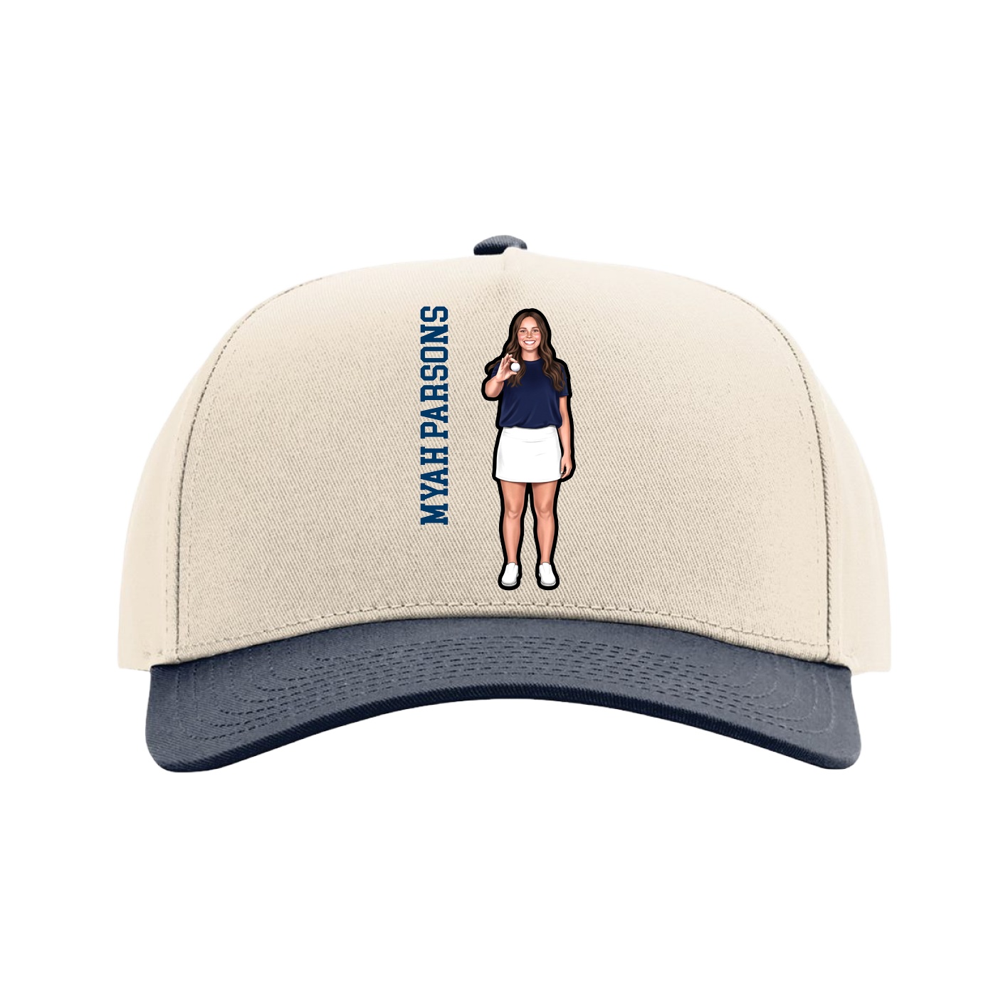 Full Fabric Five-Panel Champ Cap — Name Vertical in Cream/Navy