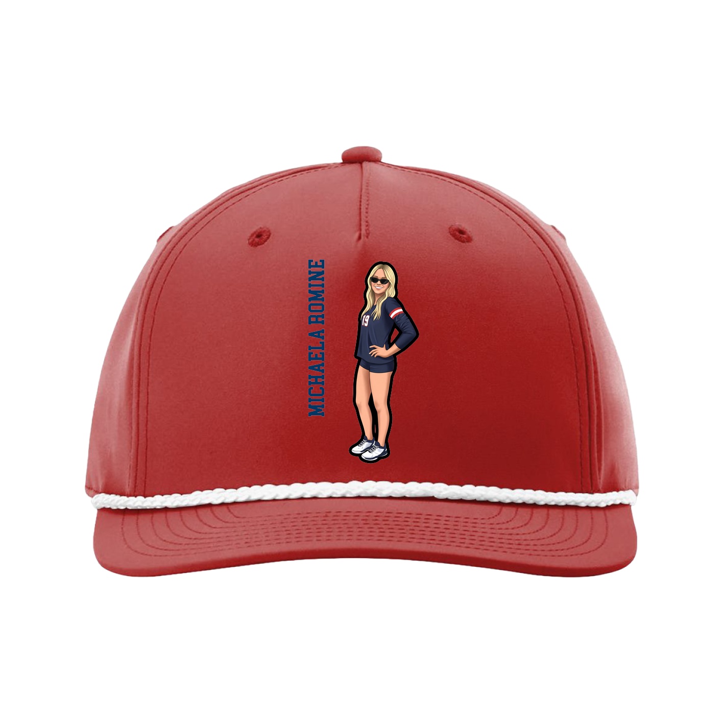 Five-Panel Classic Rope Cap — Name Vertical in Red