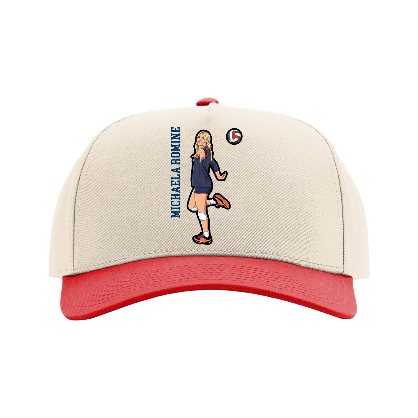 Full Fabric Five-Panel Champ Cap — Name Vertical in Cream/Red