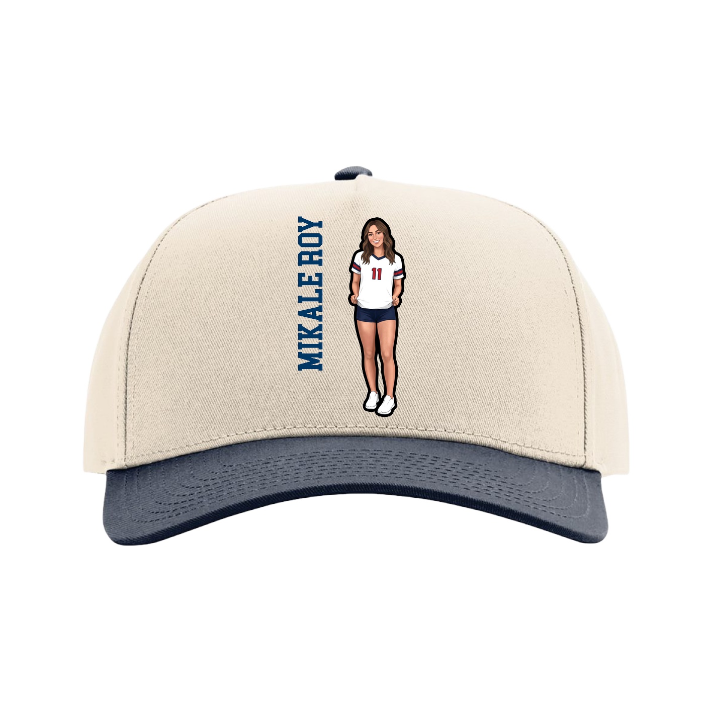 Full Fabric Five-Panel Champ Cap — Name Vertical in Cream/Navy