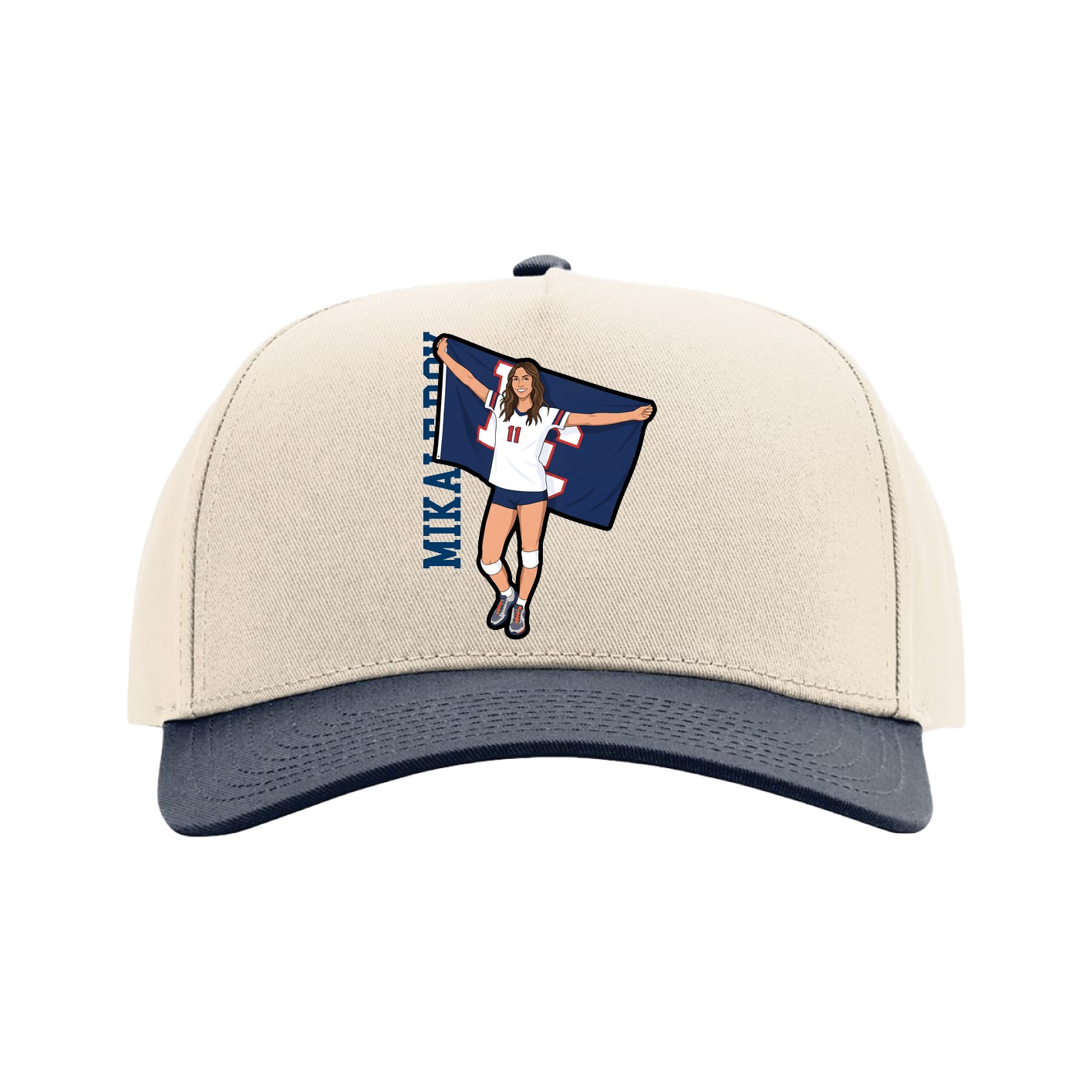 Full Fabric Five-Panel Champ Cap — Name Vertical in Cream/Navy