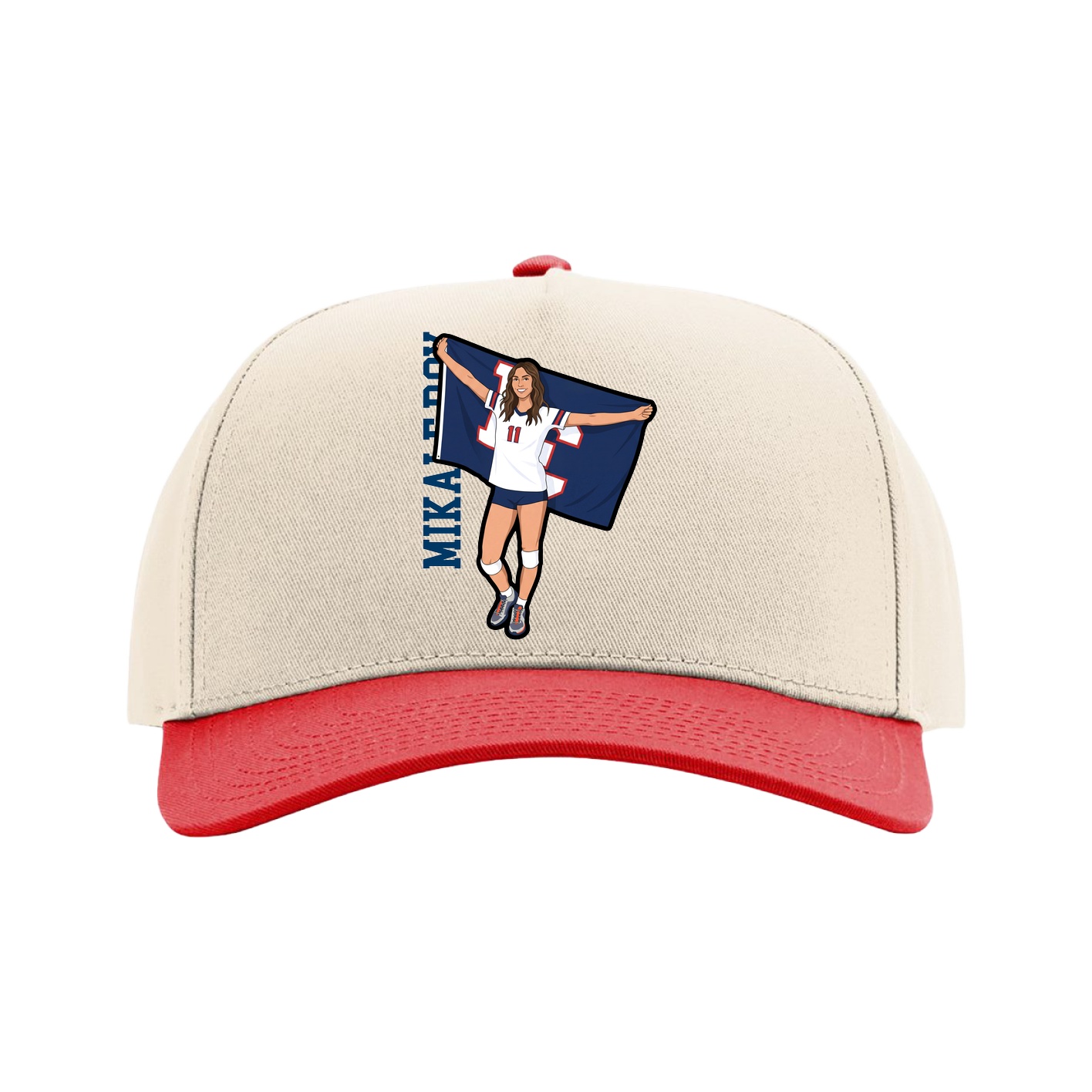 Full Fabric Five-Panel Champ Cap — Name Vertical in Cream/Red