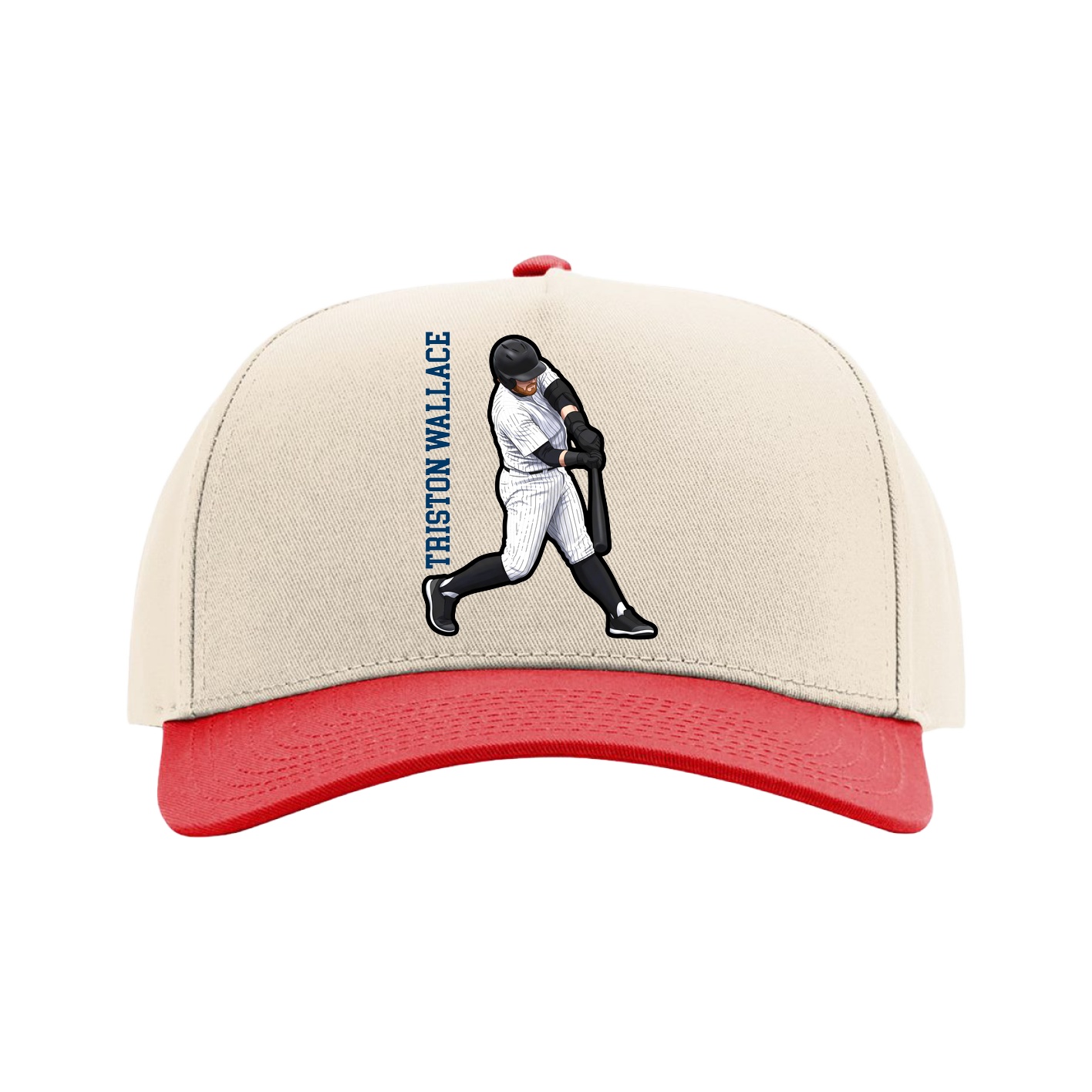 Full Fabric Five-Panel Champ Cap — Name Vertical in Cream/Red