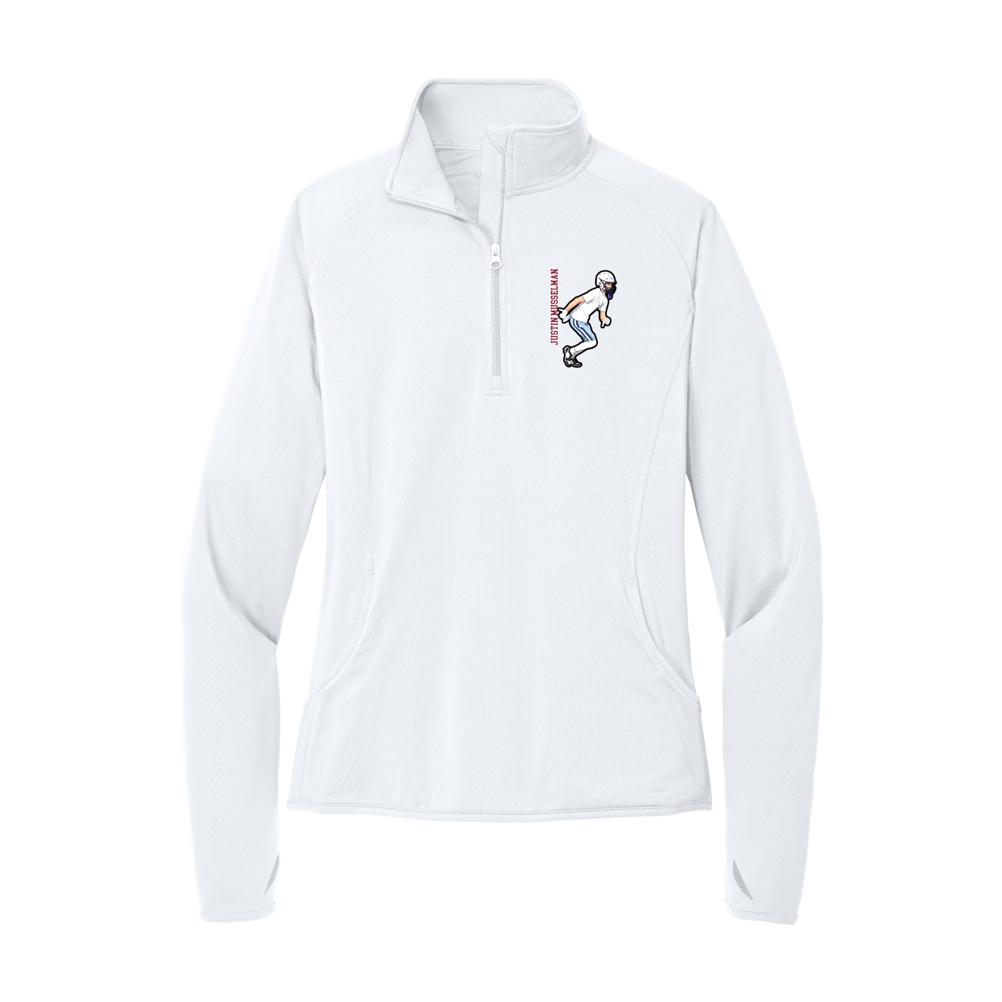 Women's Q-Zip Pullover — Name Vertical in White