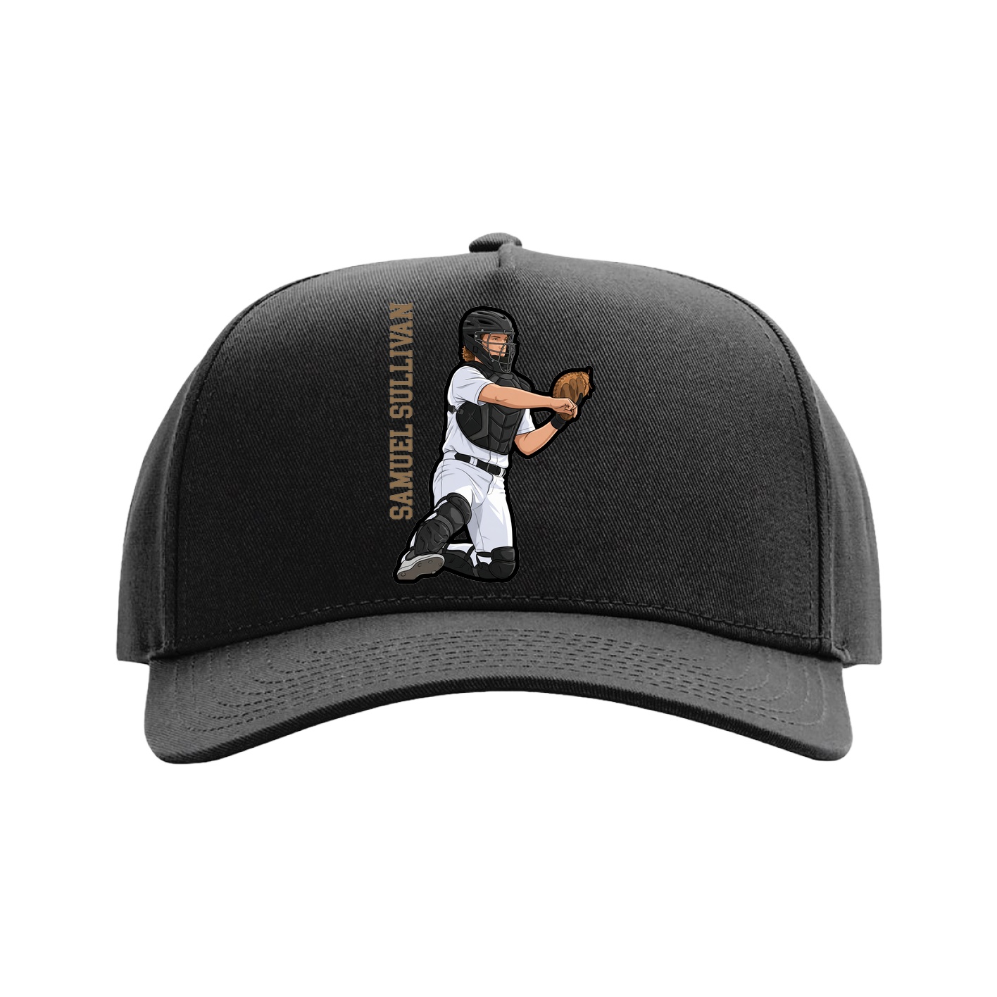 Full Fabric Five-Panel Champ Cap — Name Vertical in Black