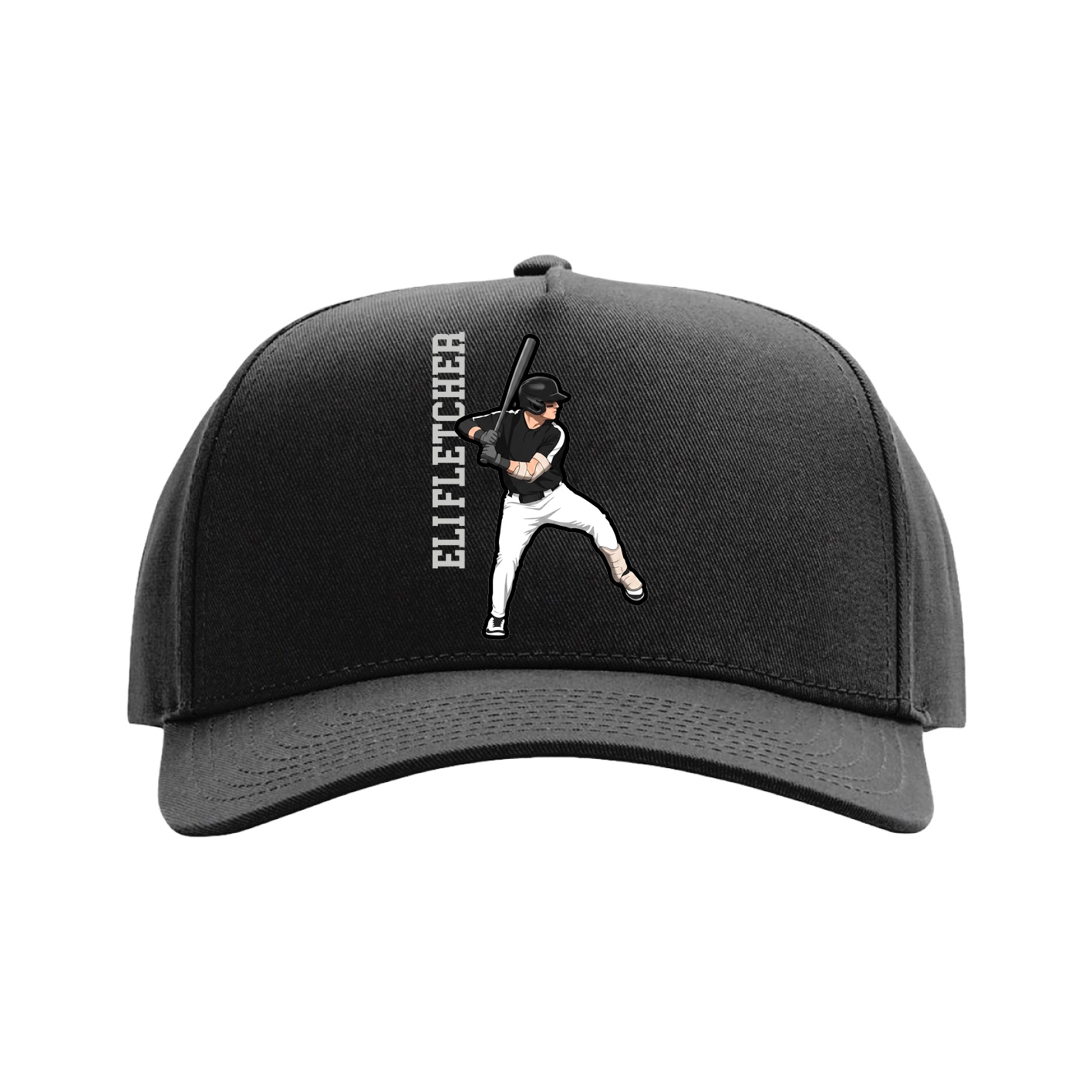 Full Fabric Five-Panel Champ Cap — Name Vertical in Black