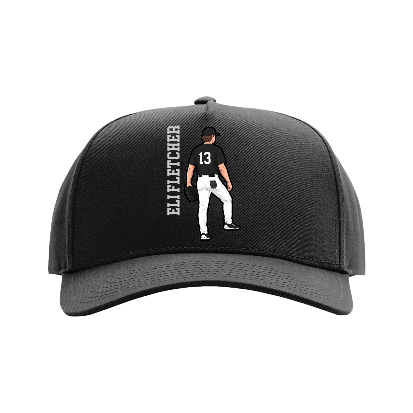 Full Fabric Five-Panel Champ Cap — Name Vertical in Black