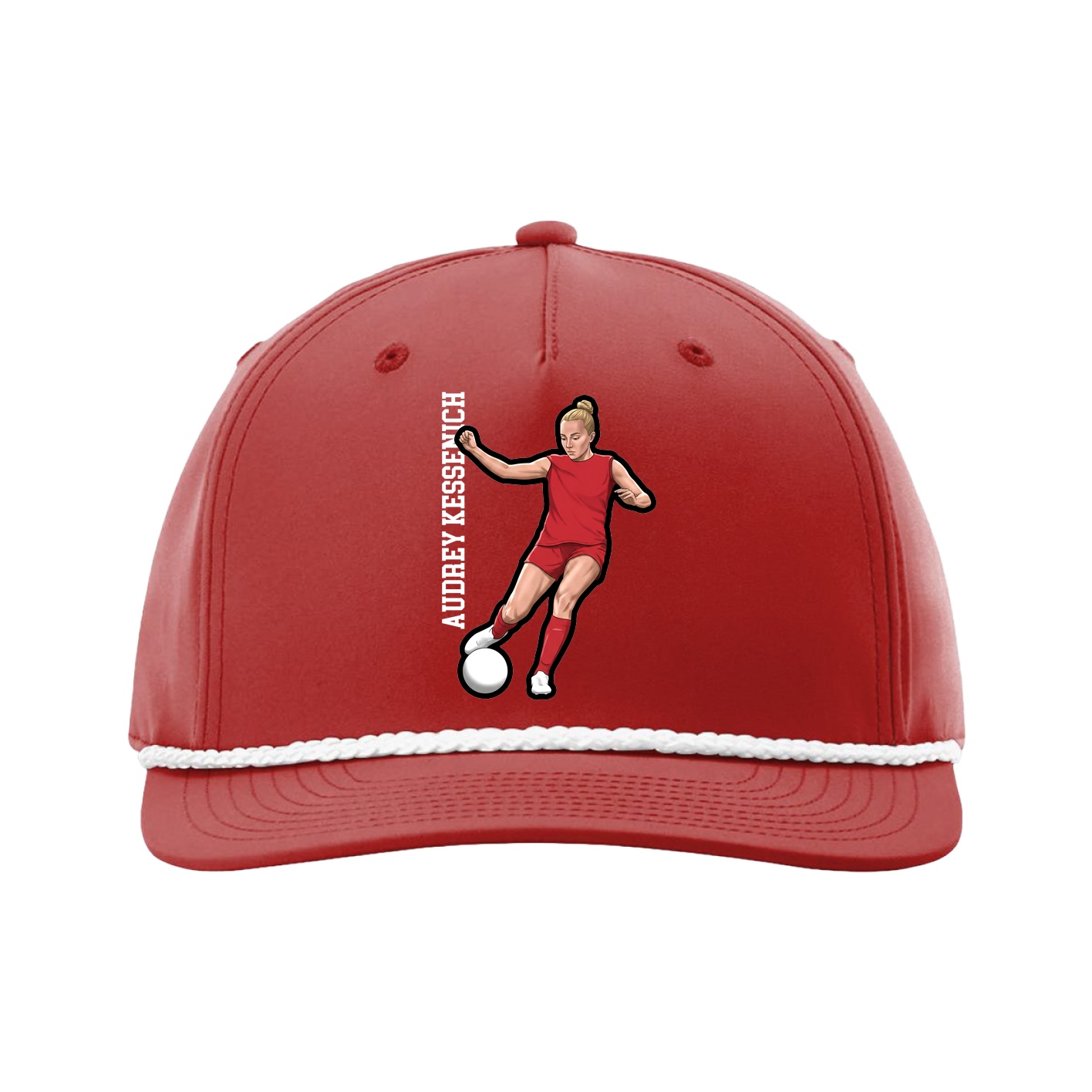 Five-Panel Classic Rope Cap — Name Vertical in Red