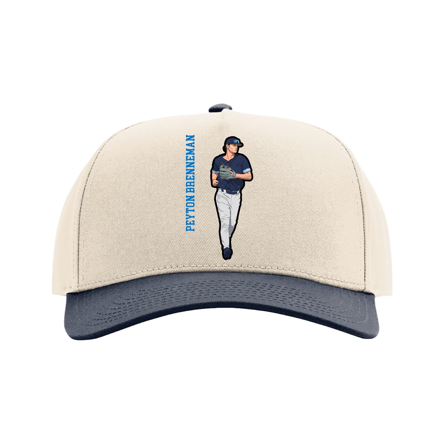 Full Fabric Five-Panel Champ Cap — Name Vertical in Cream/Navy