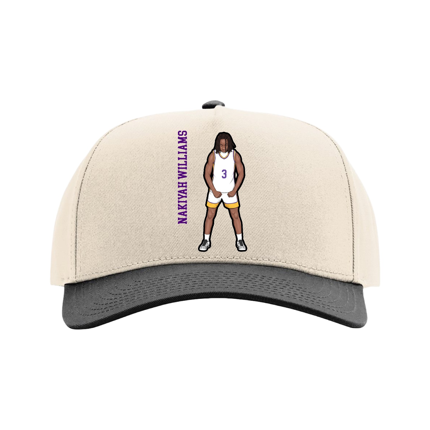 Full Fabric Five-Panel Champ Cap — Name Vertical in Cream/Black