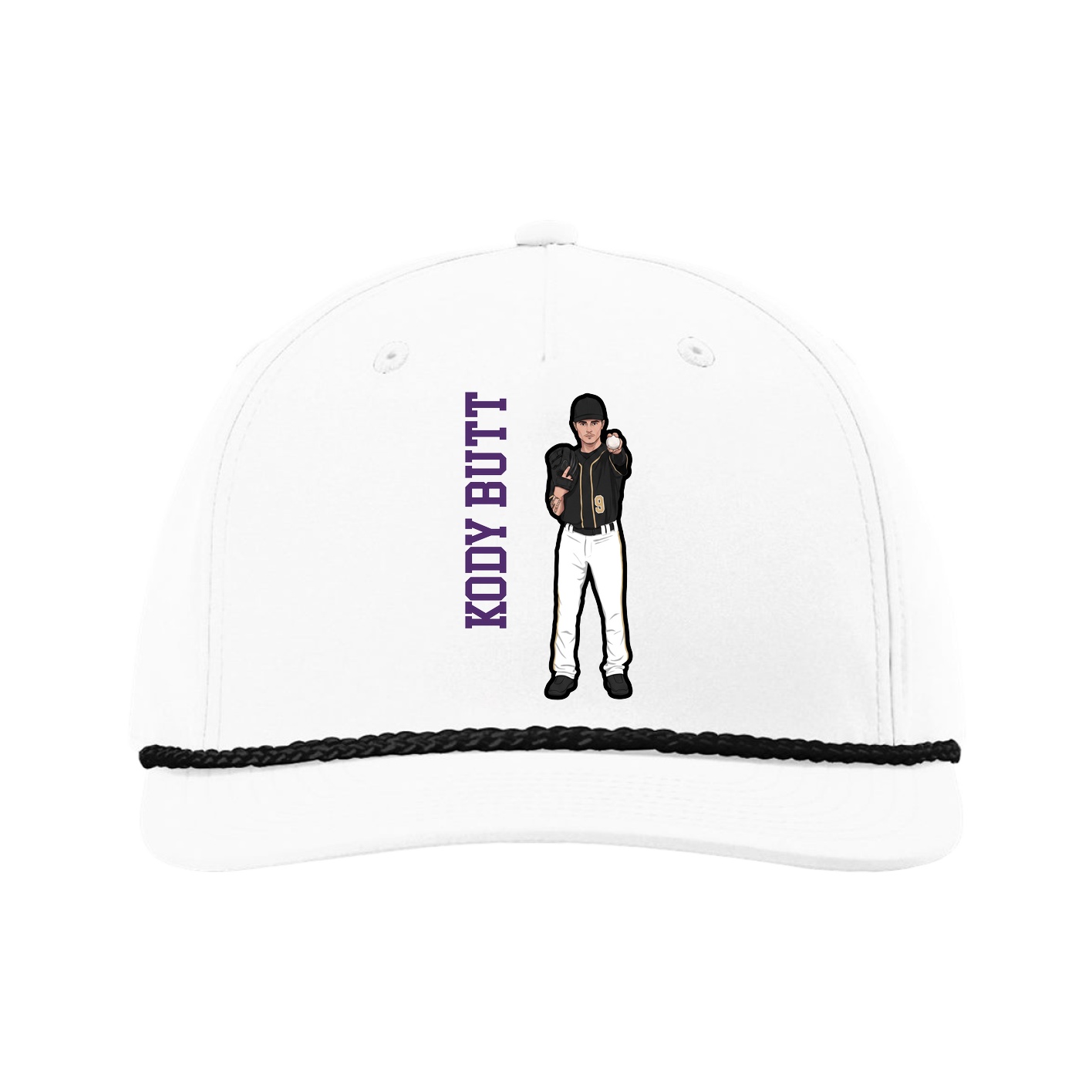 Five-Panel Classic Rope Cap — Name Vertical in White