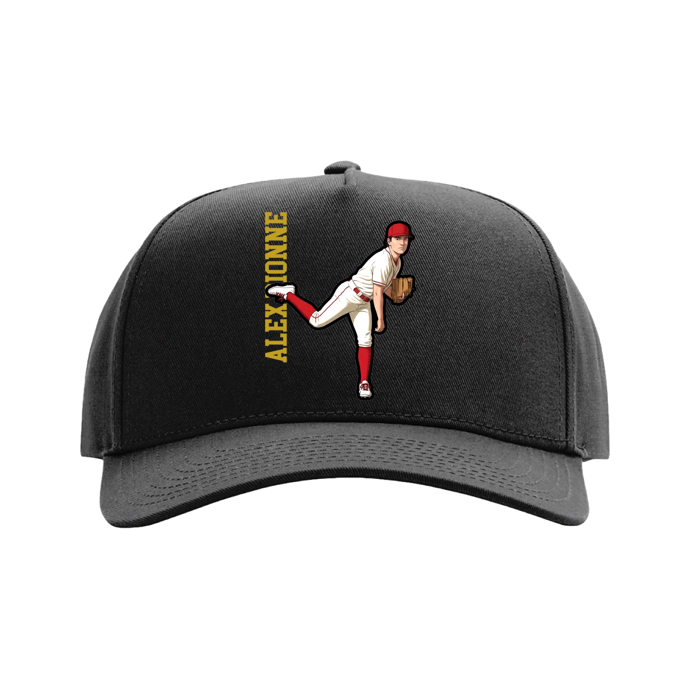 Full Fabric Five-Panel Champ Cap — Name Vertical in Black