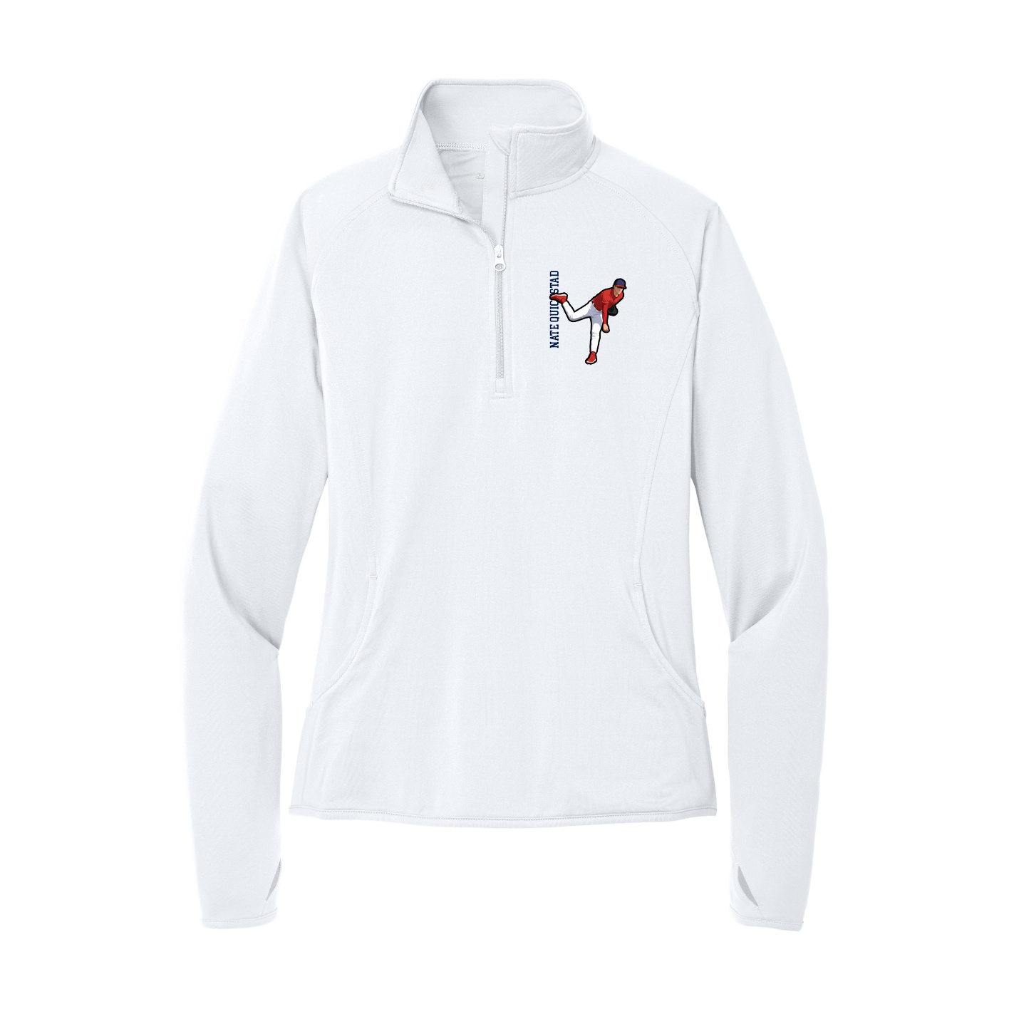 Women's Q-Zip Pullover — Name Vertical in White