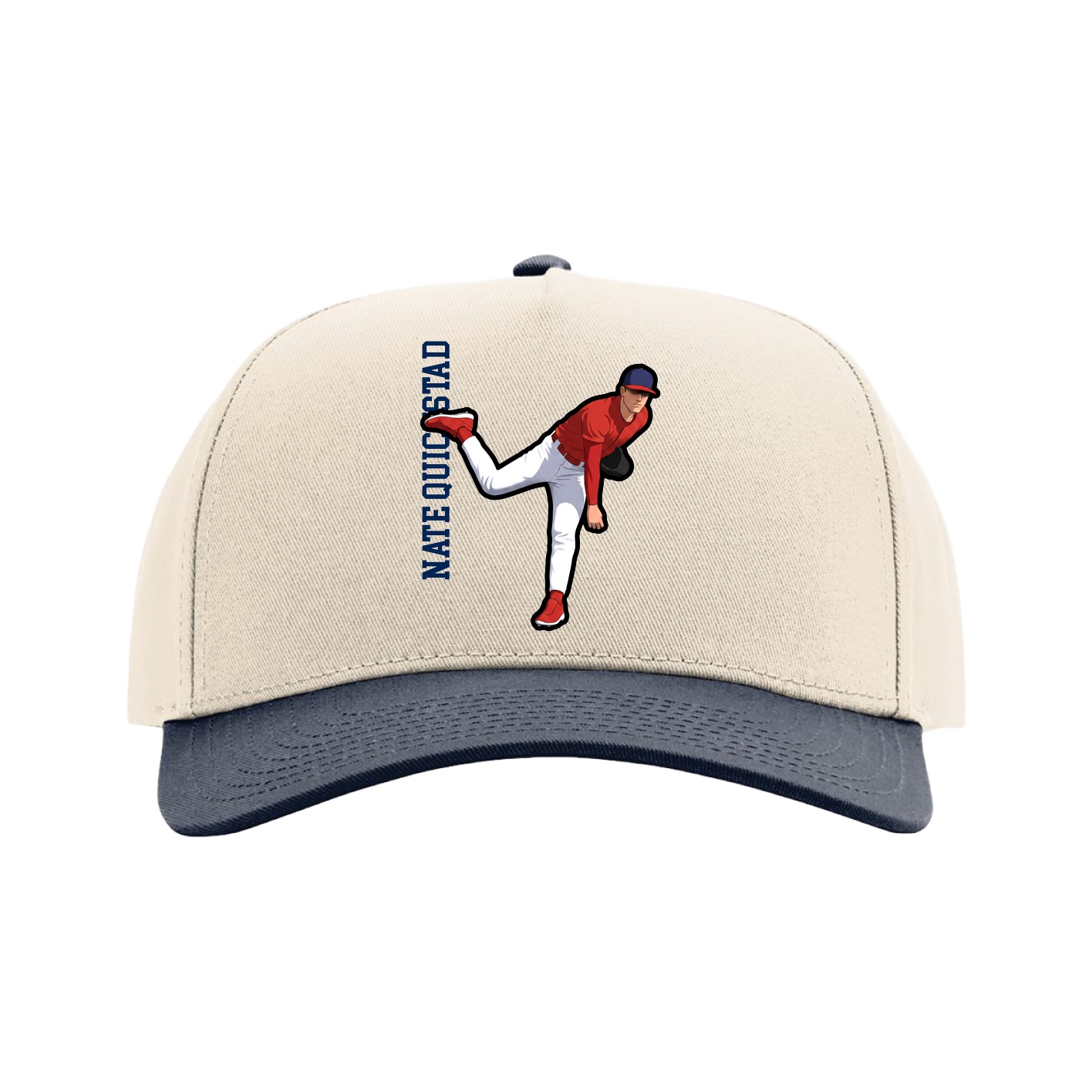 Full Fabric Five-Panel Champ Cap — Name Vertical in Cream/Navy