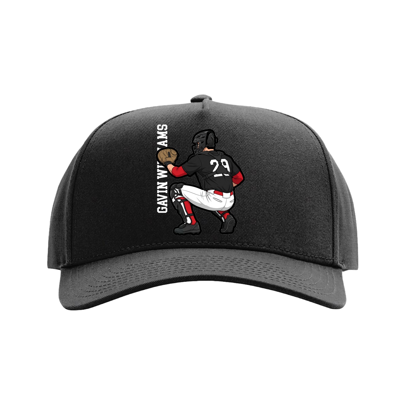 Full Fabric Five-Panel Champ Cap — Name Vertical in Black