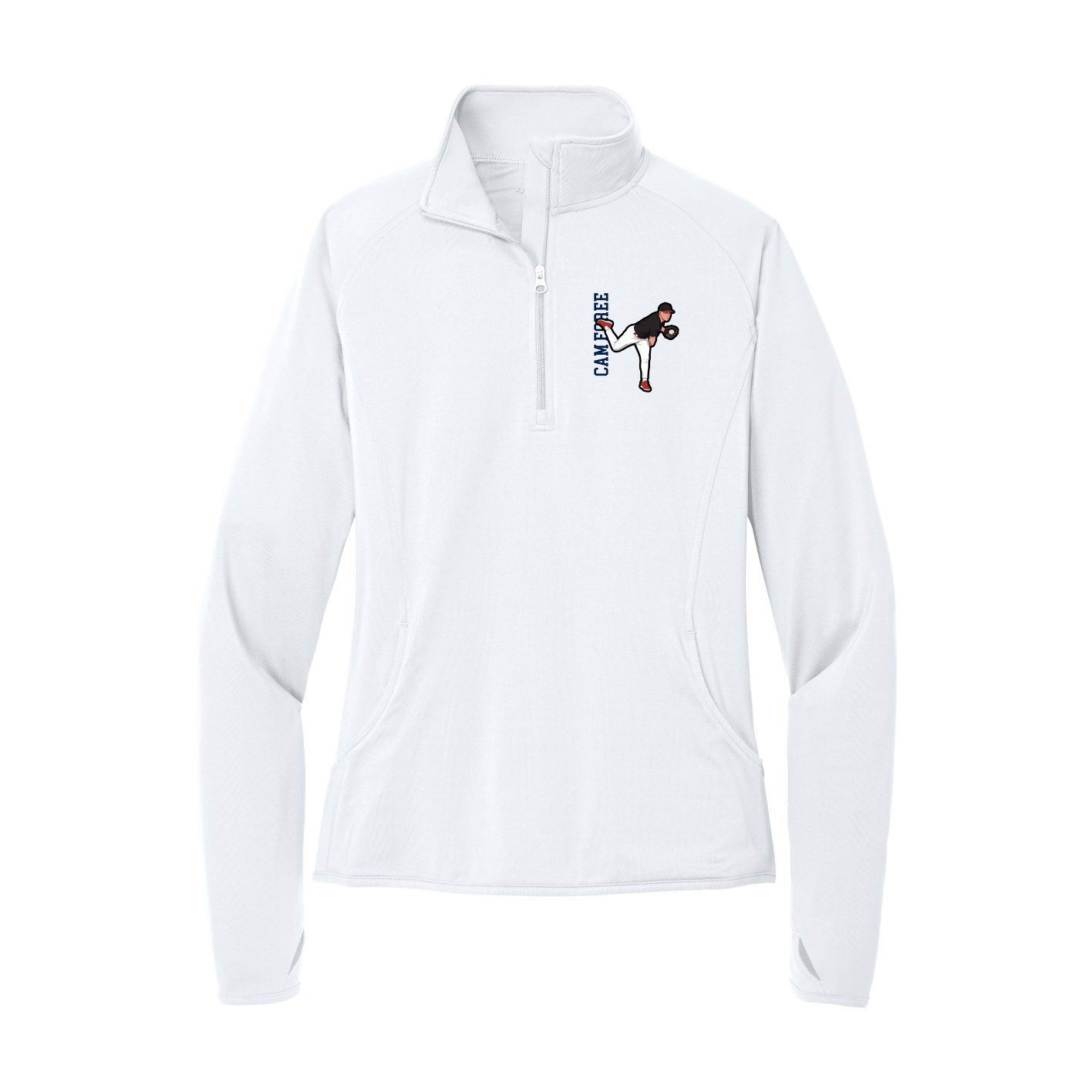 Women's Q-Zip Pullover — Name Vertical in White