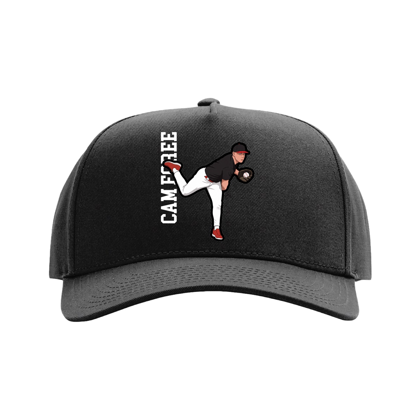 Full Fabric Five-Panel Champ Cap — Name Vertical in Black