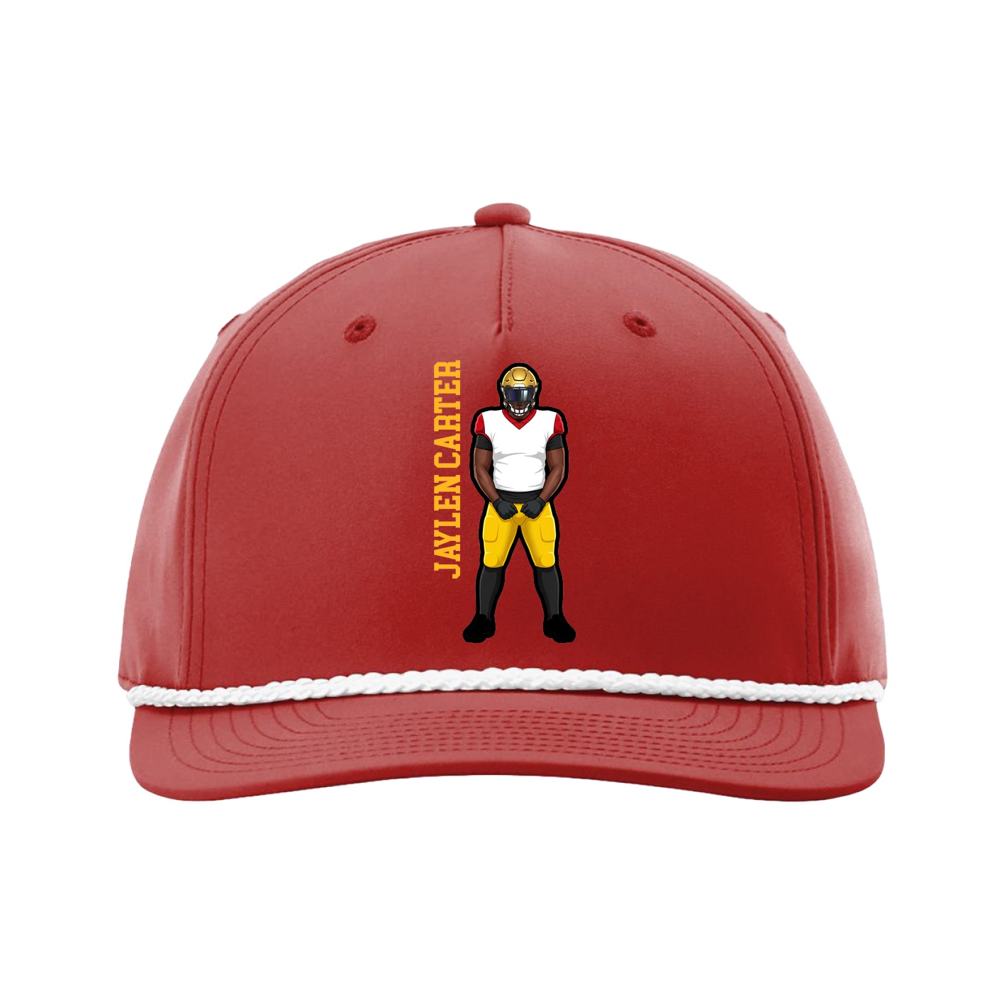 Five-Panel Classic Rope Cap — Name Vertical in Red