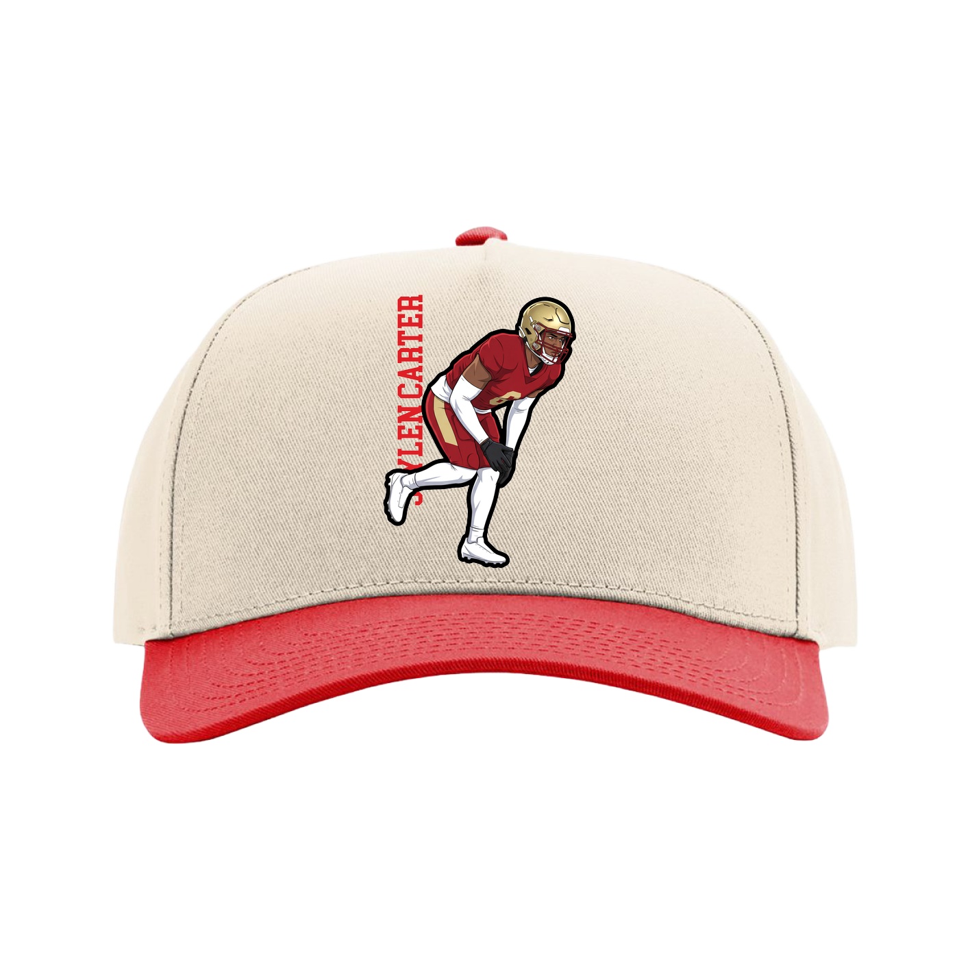 Full Fabric Five-Panel Champ Cap — Name Vertical in Cream/Red