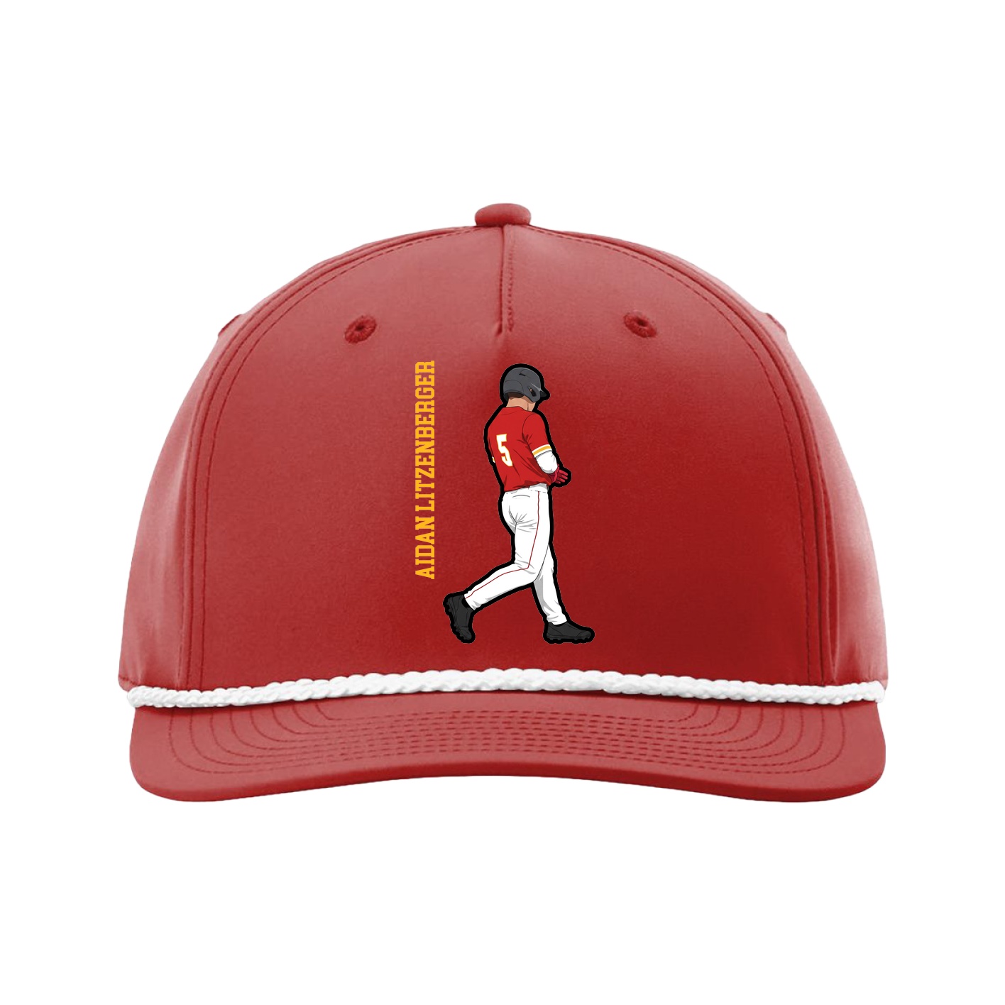 Five-Panel Classic Rope Cap — Name Vertical in Red