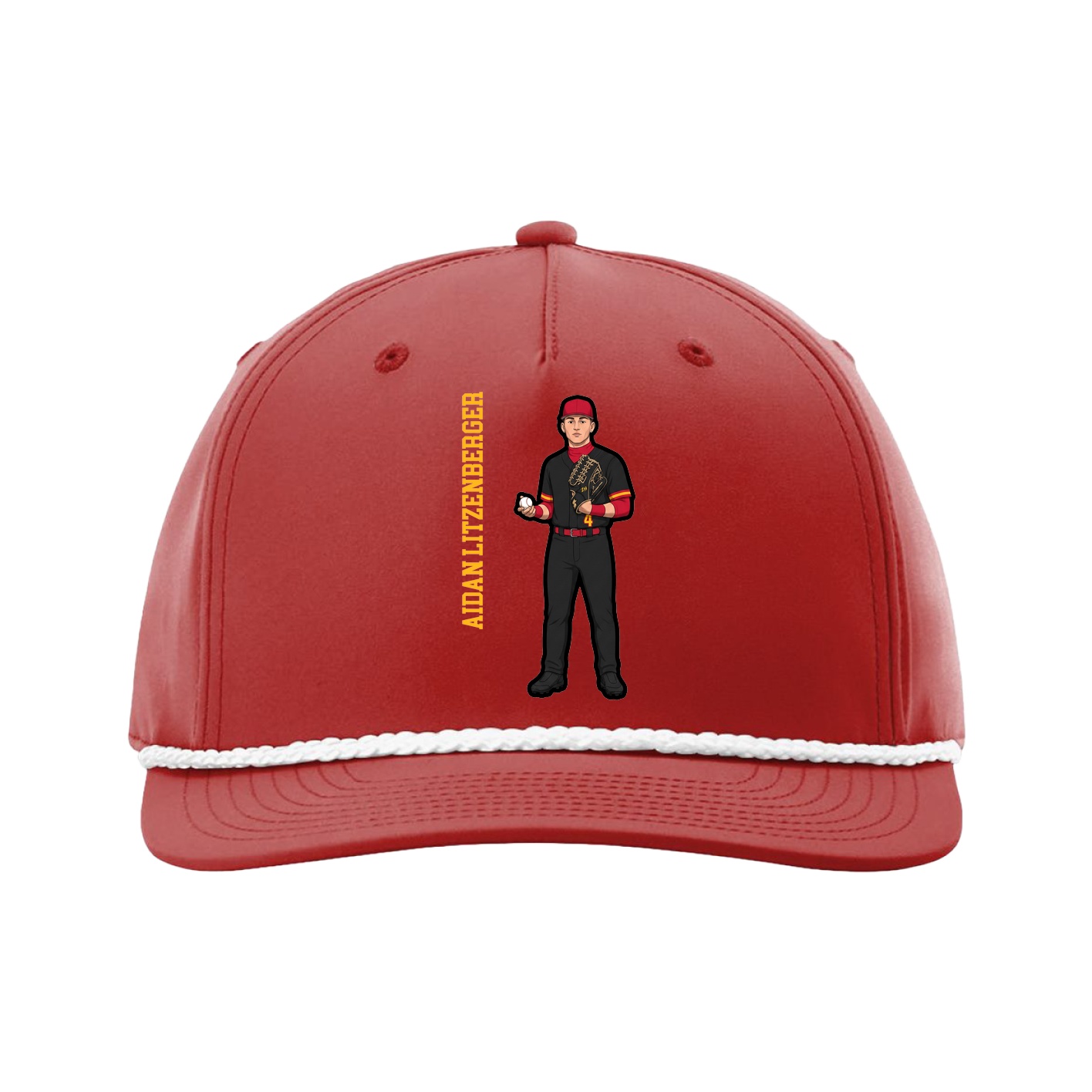 Five-Panel Classic Rope Cap — Name Vertical in Red