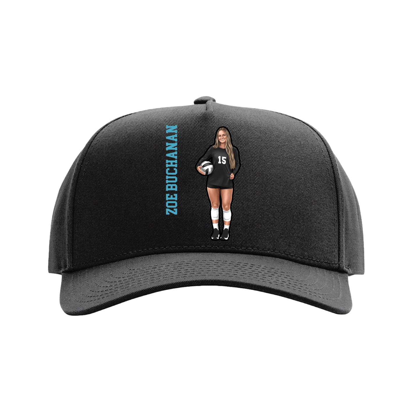 Full Fabric Five-Panel Champ Cap — Name Vertical in Black