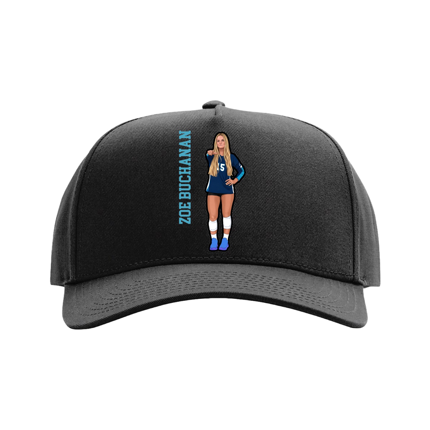 Full Fabric Five-Panel Champ Cap — Name Vertical in Black