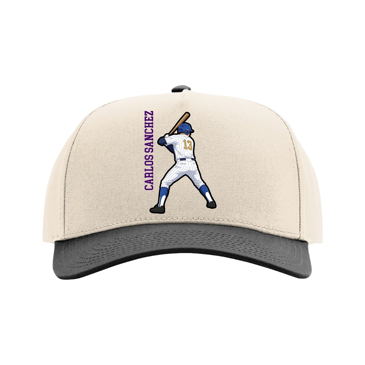Full Fabric Five-Panel Champ Cap — Name Vertical in Cream/Black