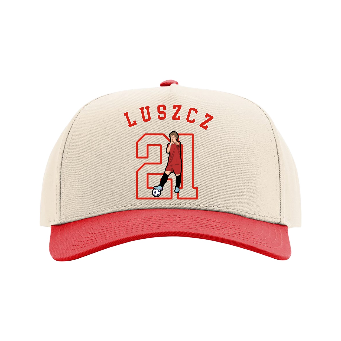 Full Fabric Five-Panel Champ Cap — Shirsey Arch in Cream/Red
