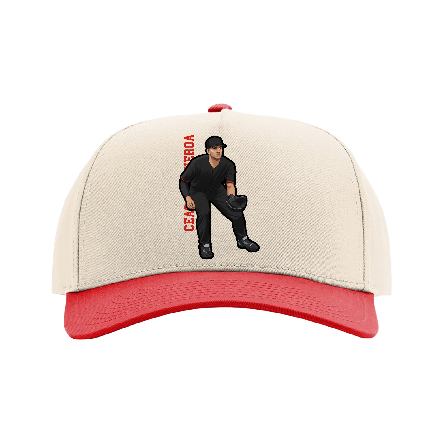 Full Fabric Five-Panel Champ Cap — Name Vertical in Cream/Red