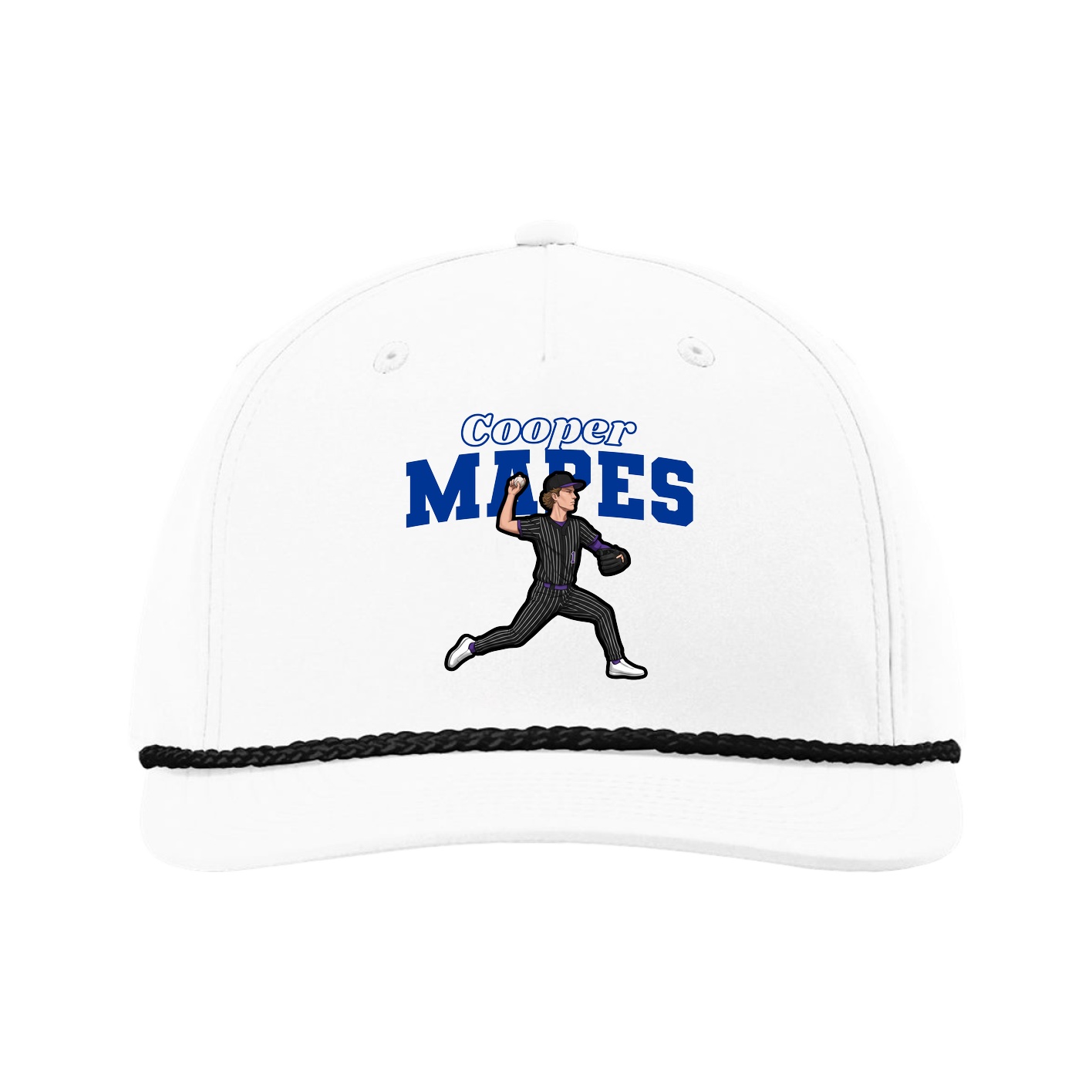 Five-Panel Classic Rope Cap — Name Arch in White