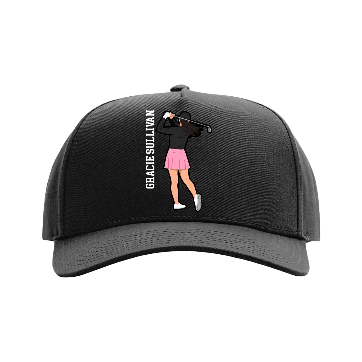 Full Fabric Five-Panel Champ Cap — Name Vertical in Black