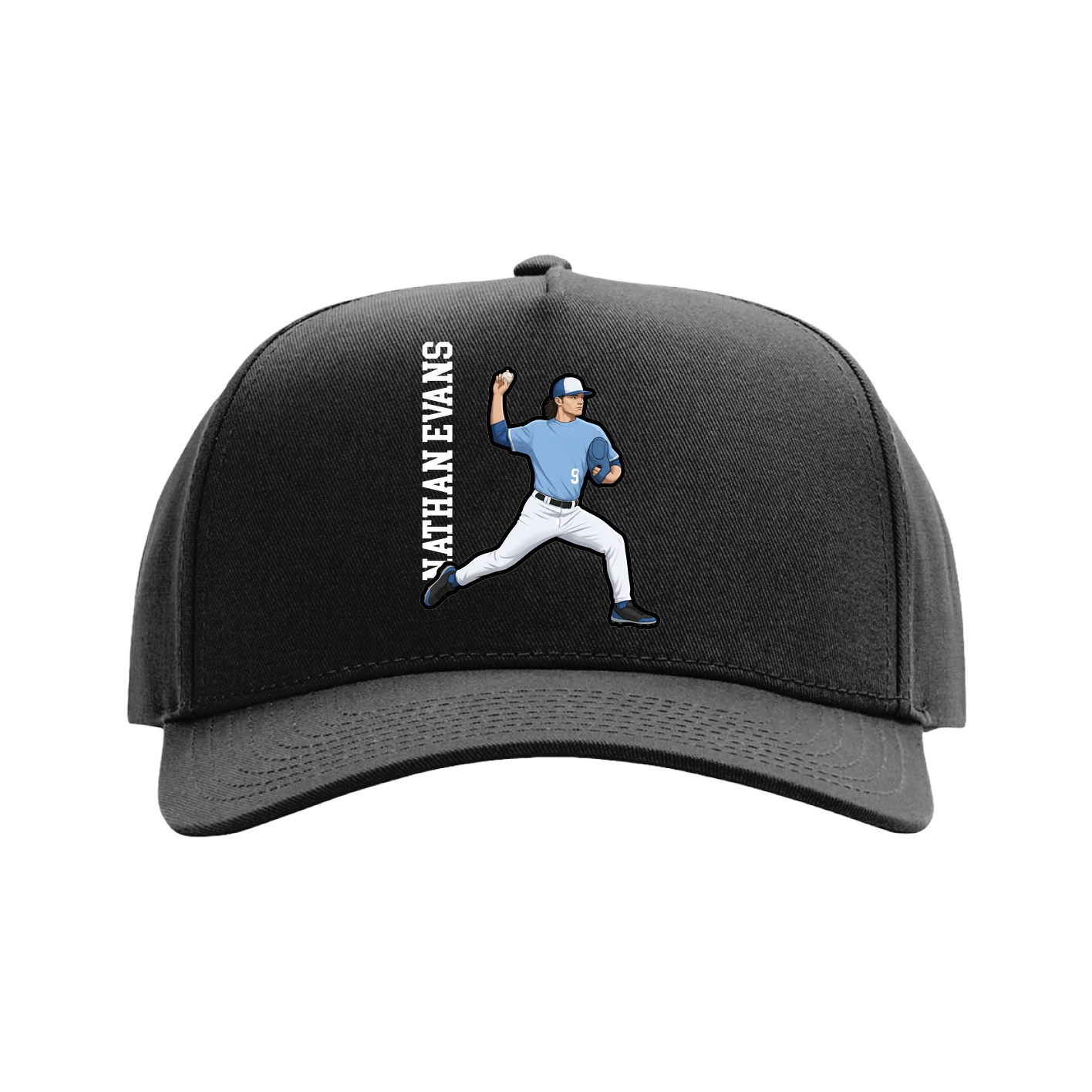 Full Fabric Five-Panel Champ Cap — Name Vertical in Black