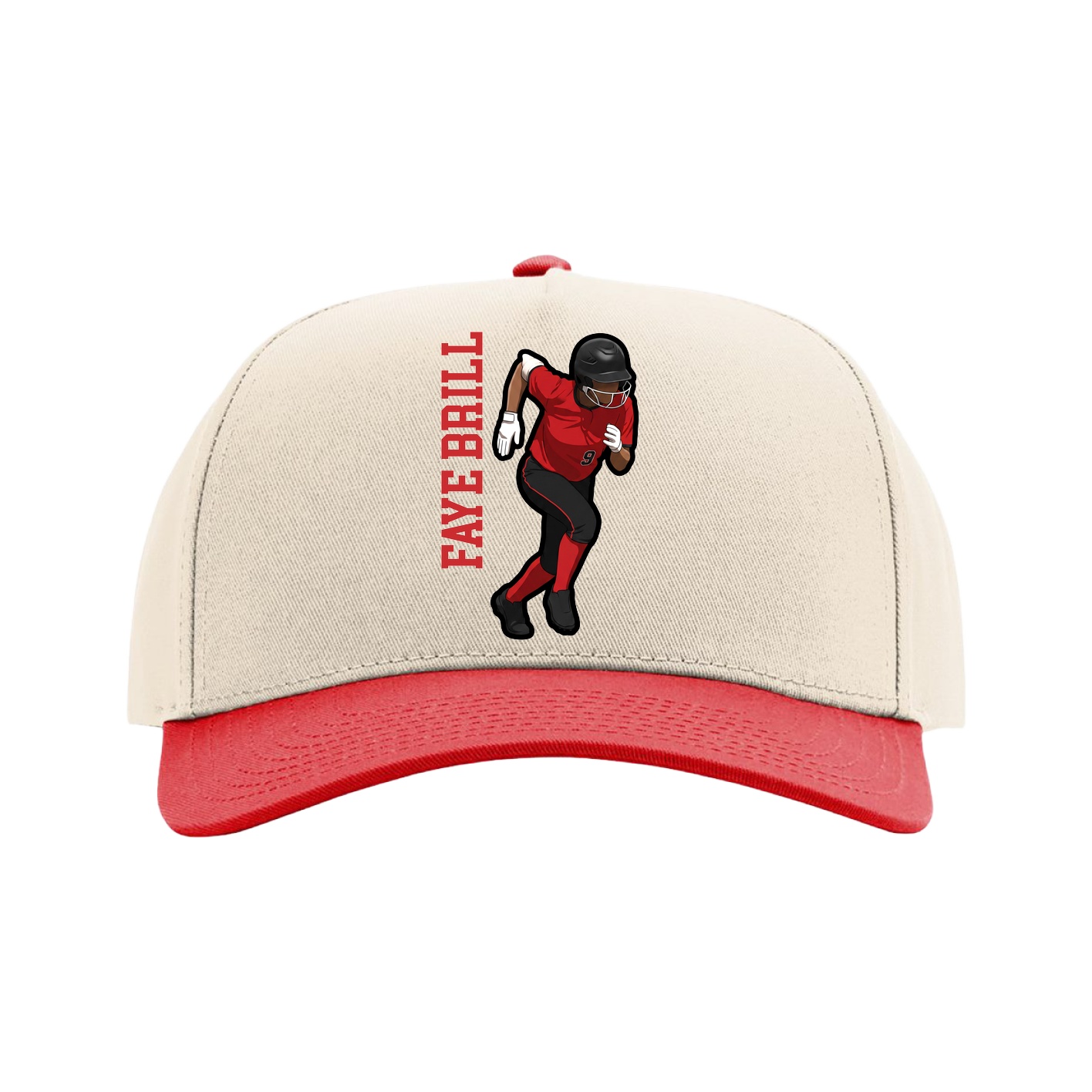 Full Fabric Five-Panel Champ Cap — Name Vertical in Cream/Red