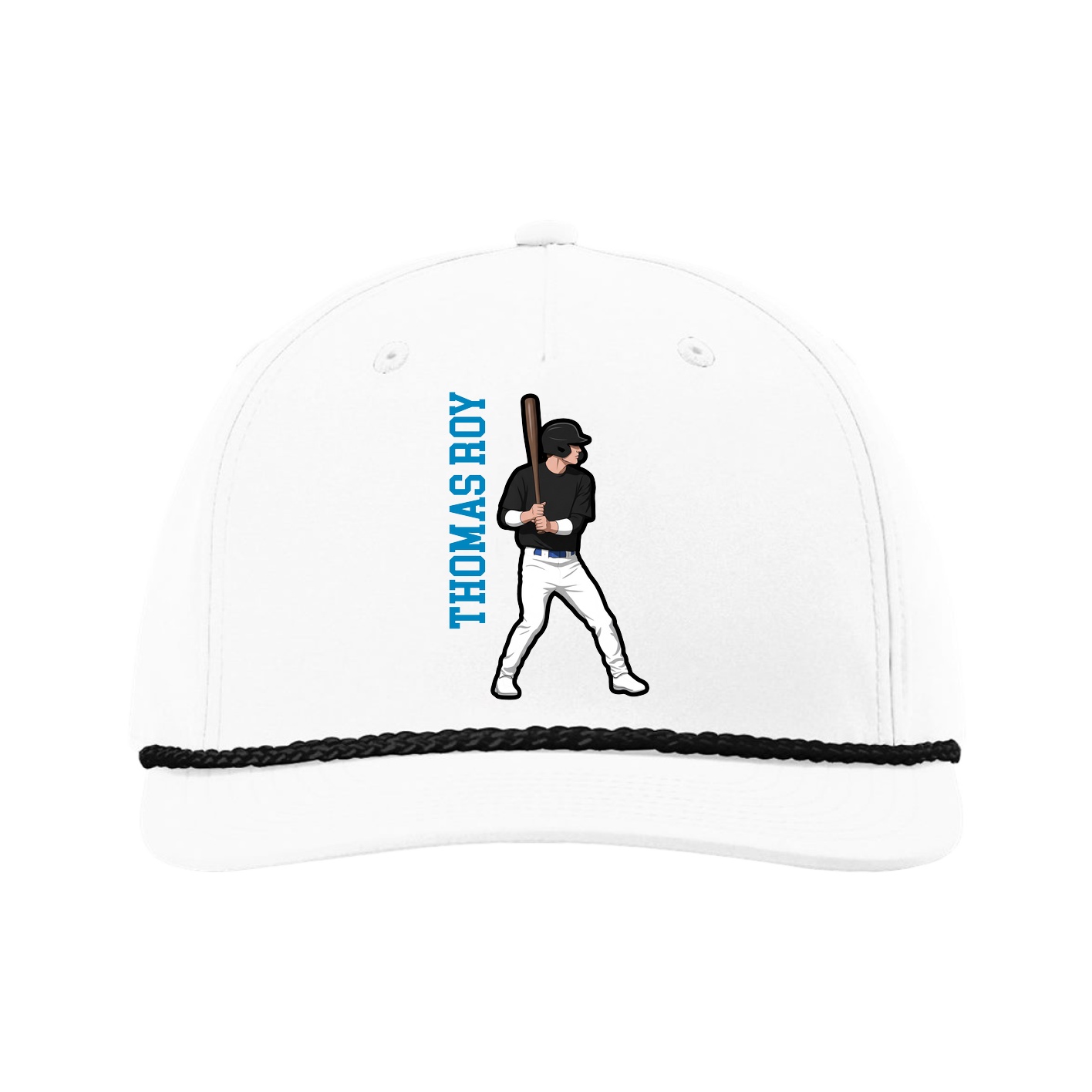 Five-Panel Classic Rope Cap — Name Vertical in White