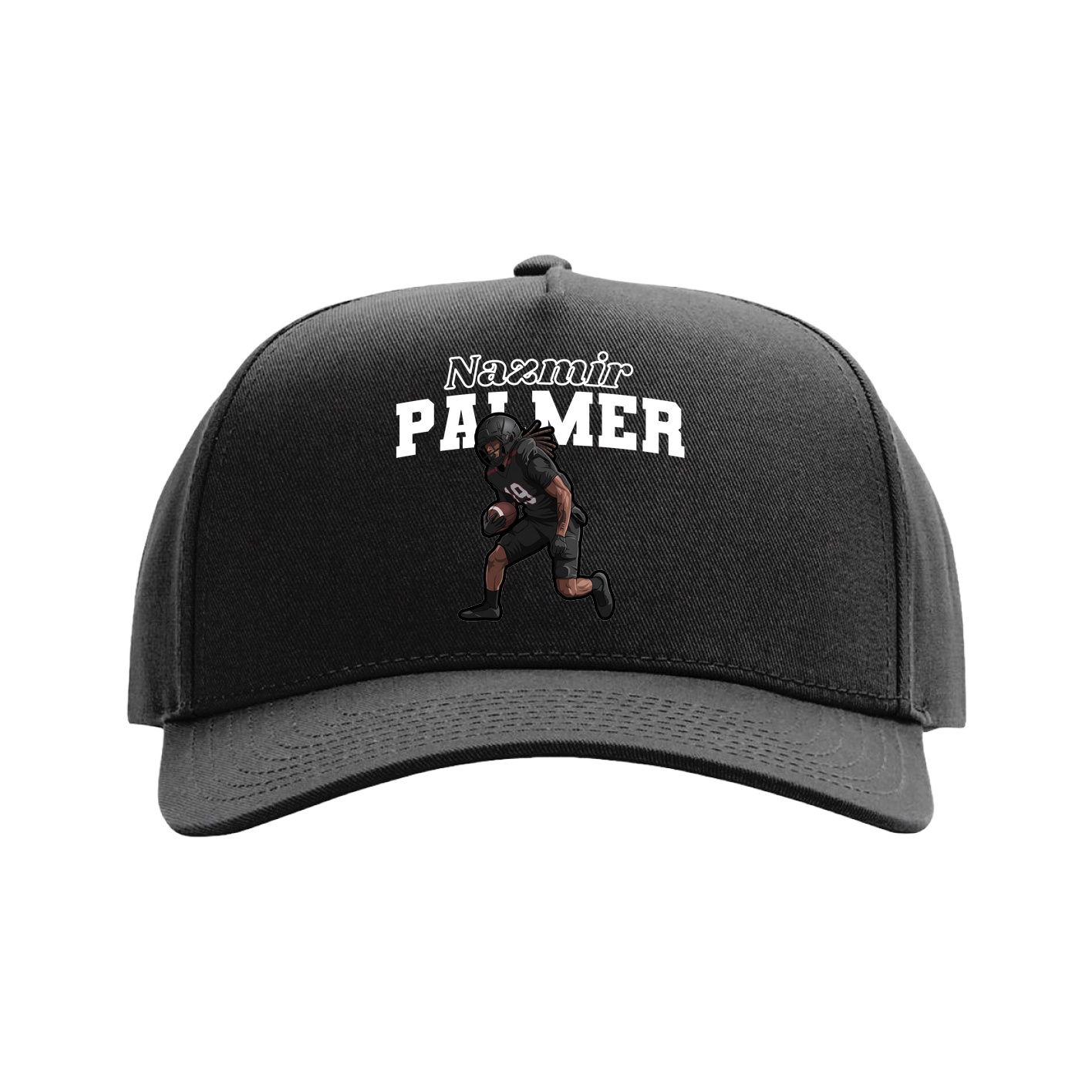 Full Fabric Five-Panel Champ Cap — Name Arch in Black