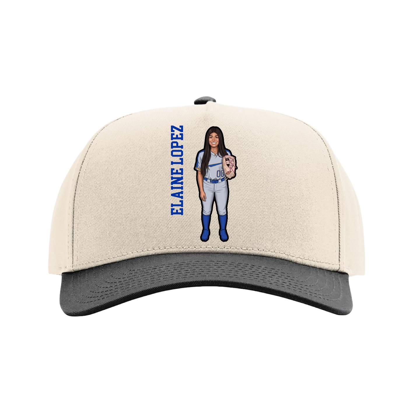 Full Fabric Five-Panel Champ Cap — Name Vertical in Cream/Black