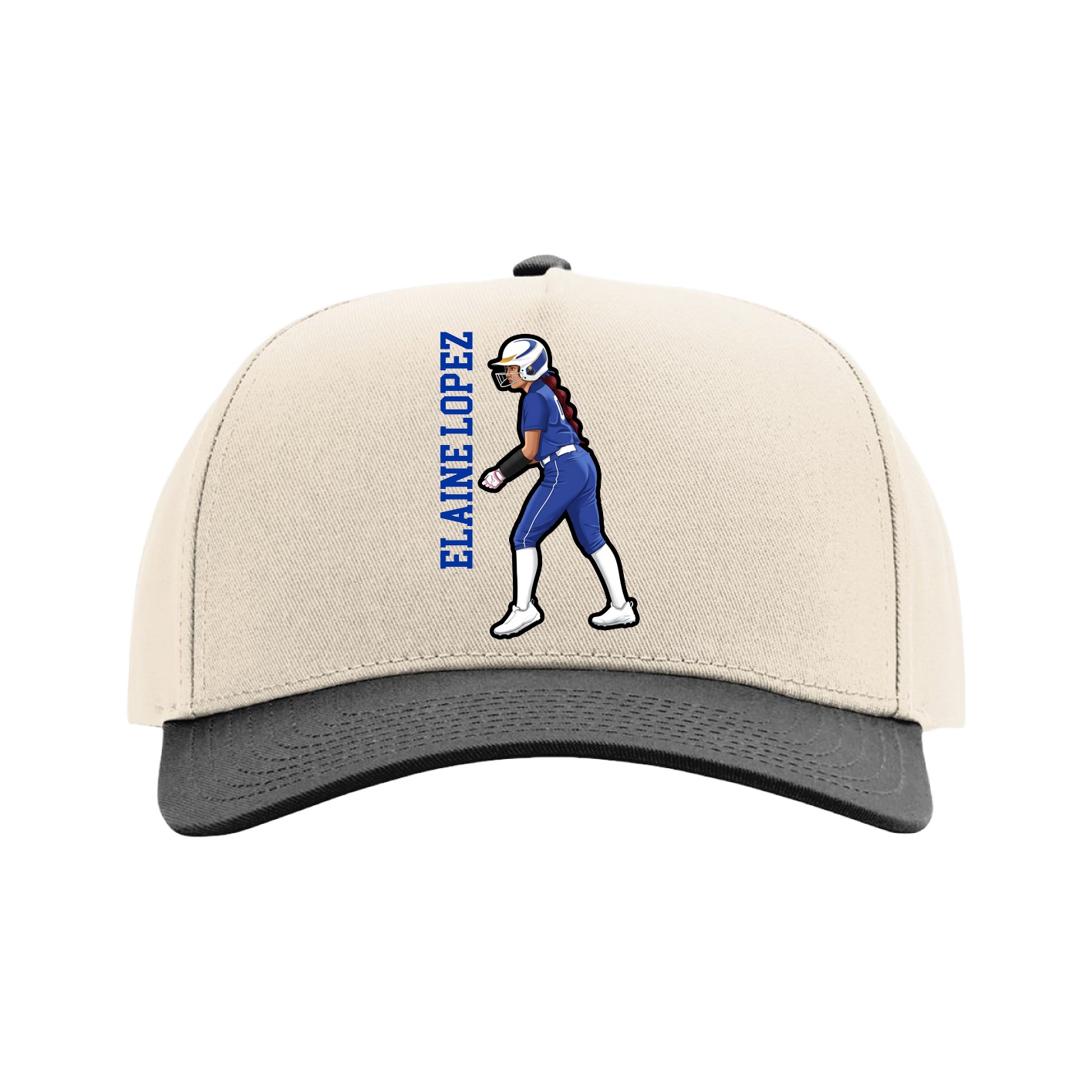 Full Fabric Five-Panel Champ Cap — Name Vertical in Cream/Black