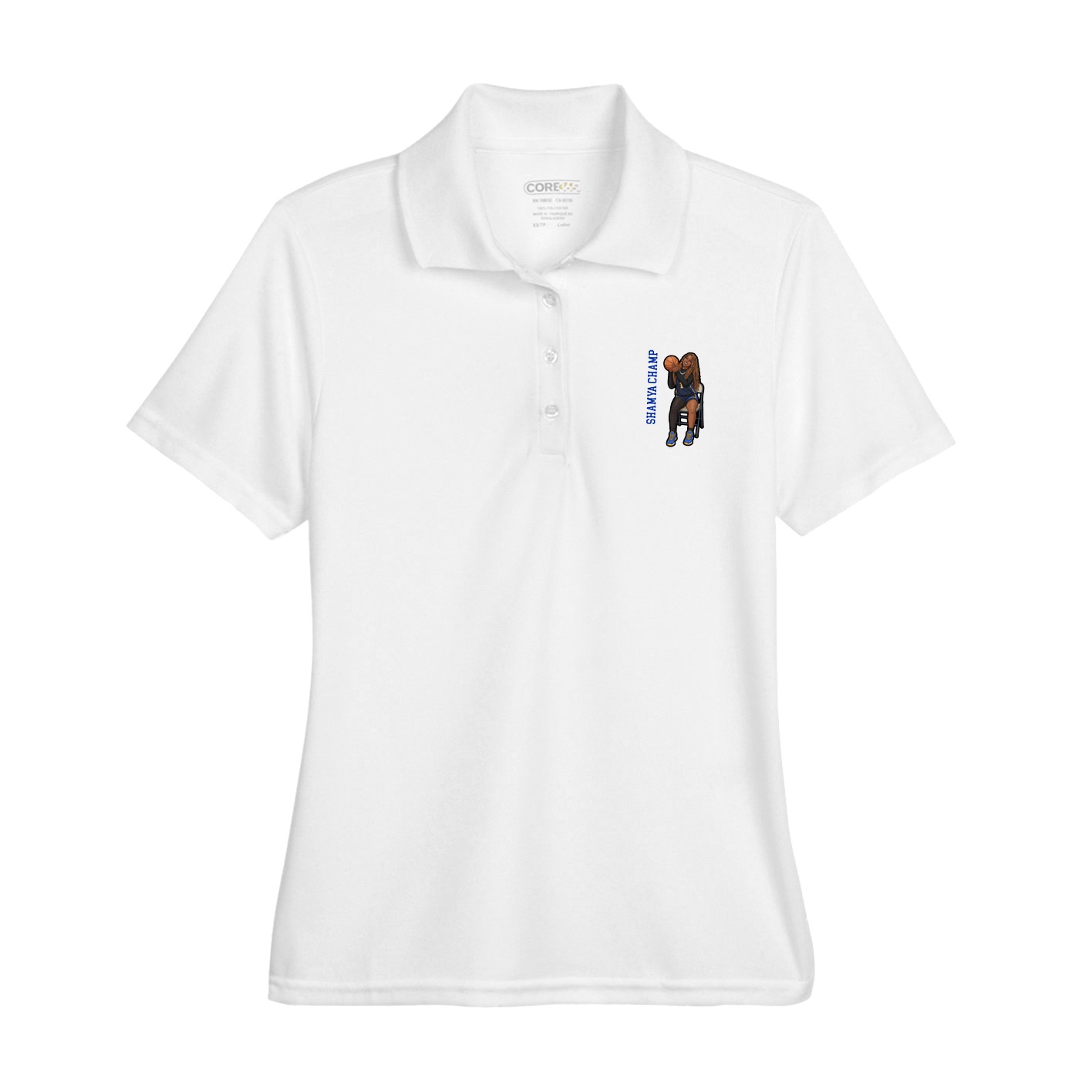 Womens Performance Polo — Name Vertical in White