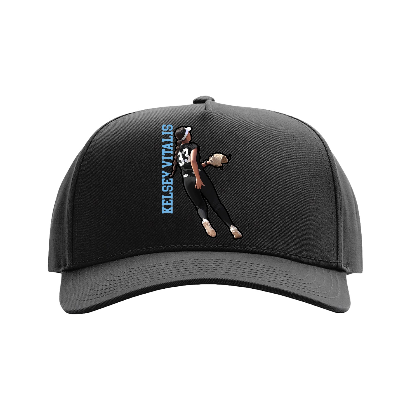 Full Fabric Five-Panel Champ Cap — Name Vertical in Black