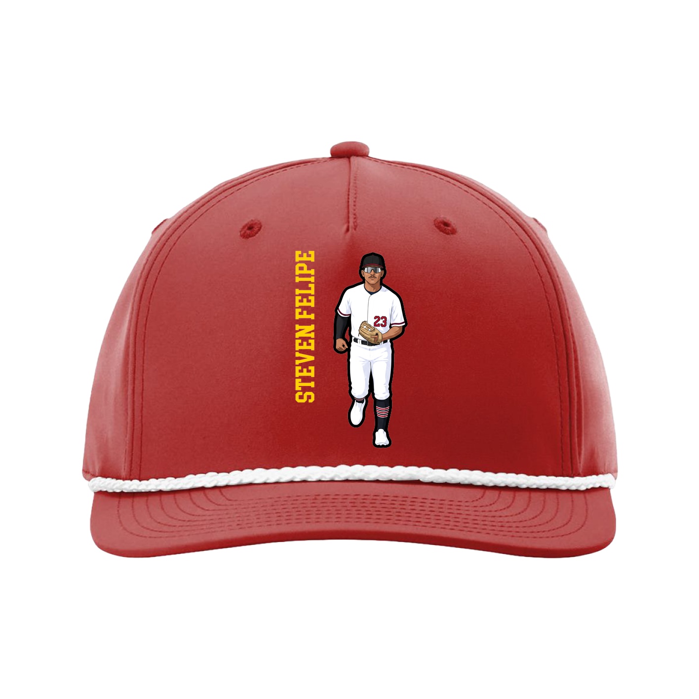 Five-Panel Classic Rope Cap — Name Vertical in Red