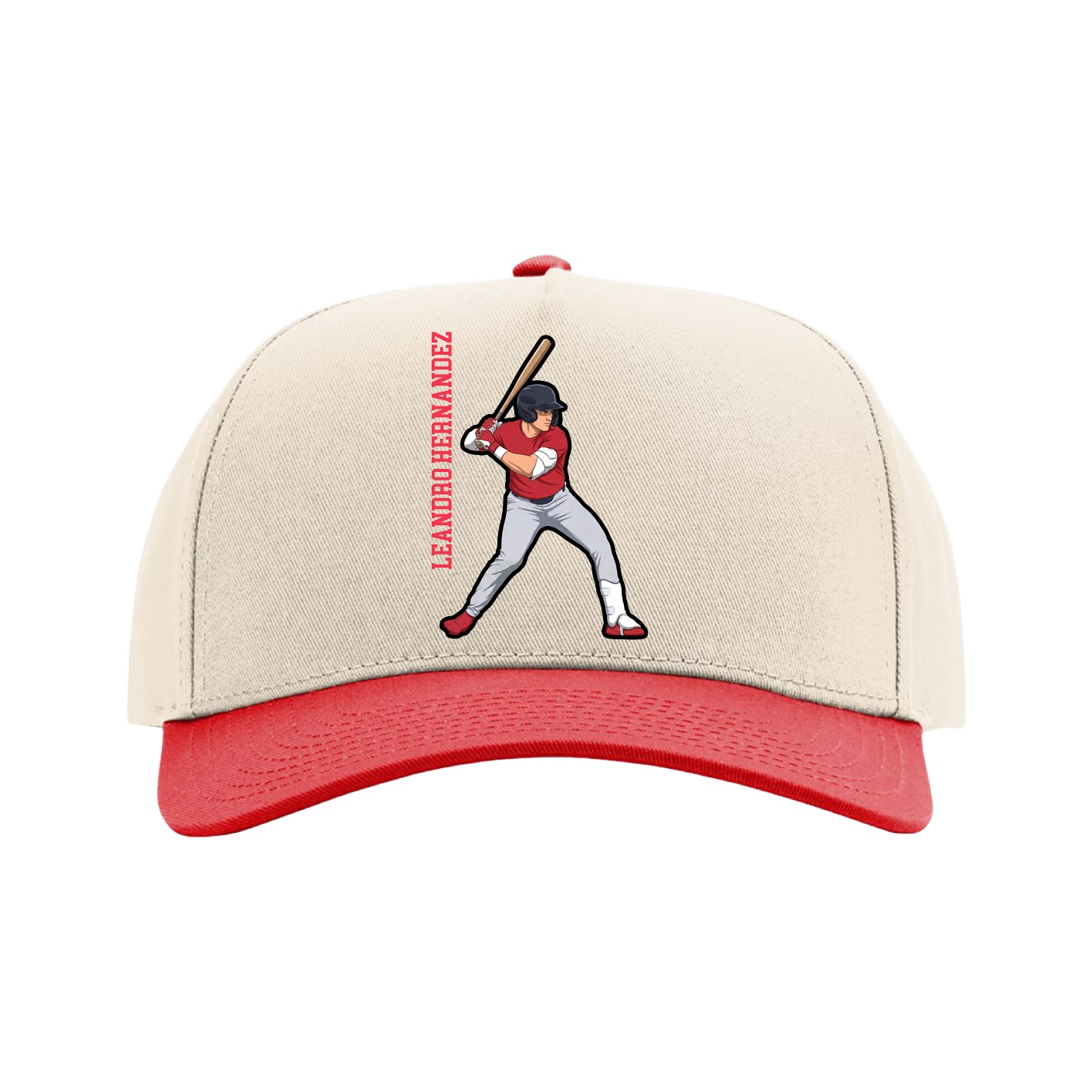 Full Fabric Five-Panel Champ Cap — Name Vertical in Cream/Red