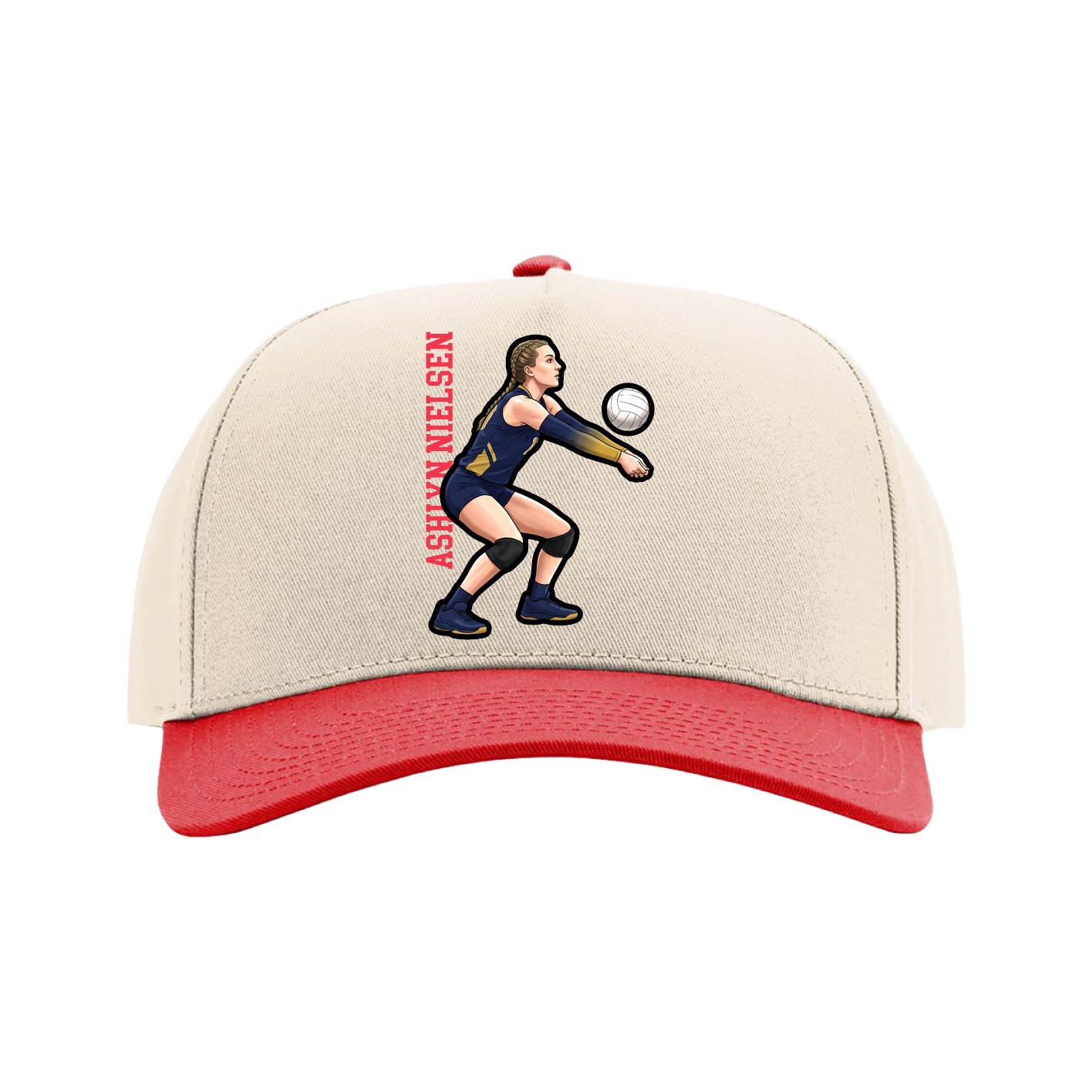 Full Fabric Five-Panel Champ Cap — Name Vertical in Cream/Red