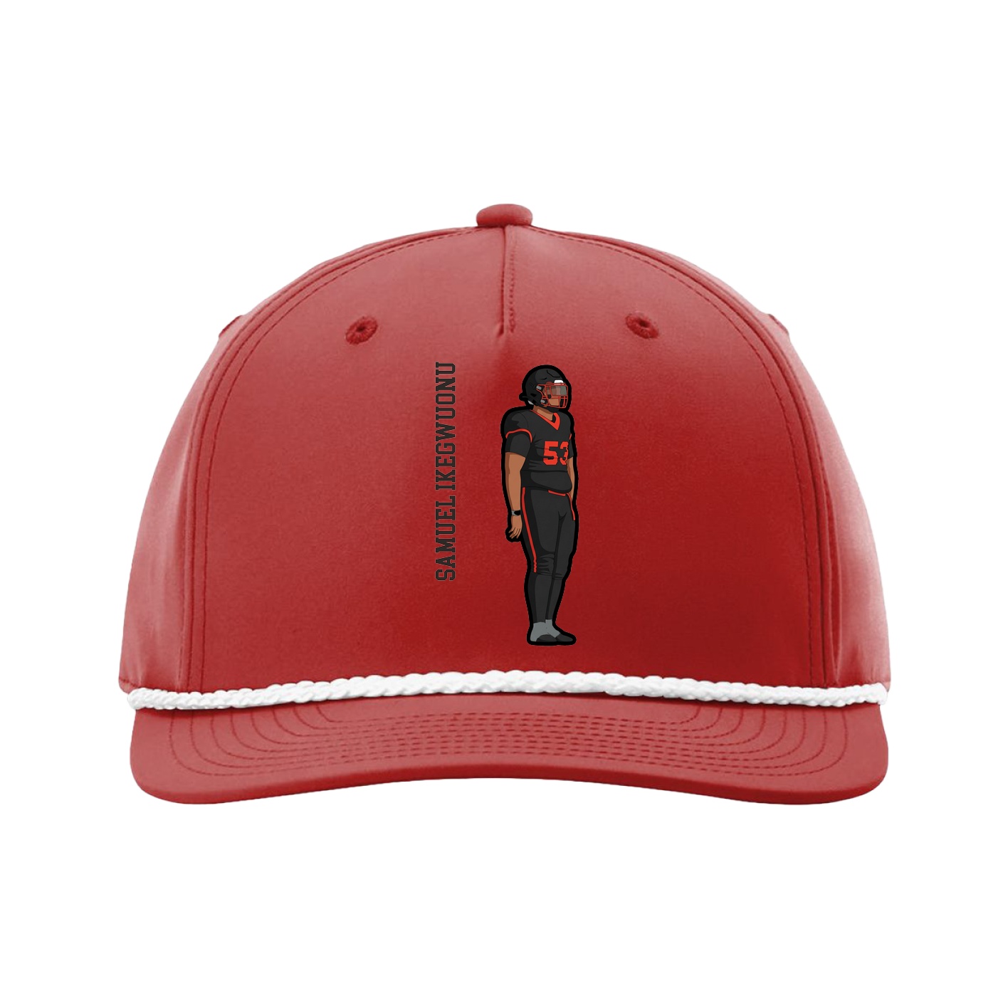 Five-Panel Classic Rope Cap — Name Vertical in Red