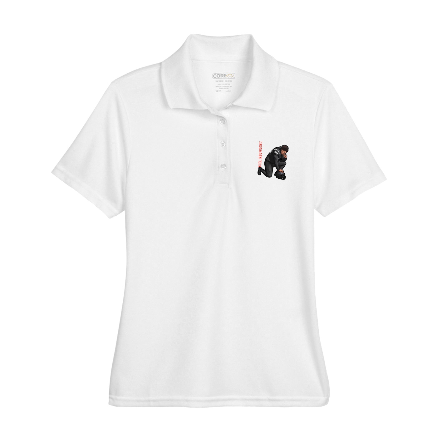 Womens Performance Polo — Name Vertical in White