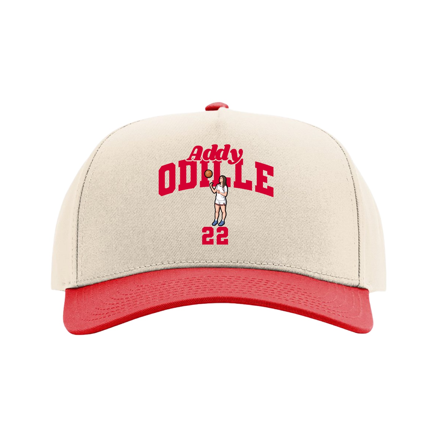 Full Fabric Five-Panel Champ Cap — Signature Arch in Cream/Red