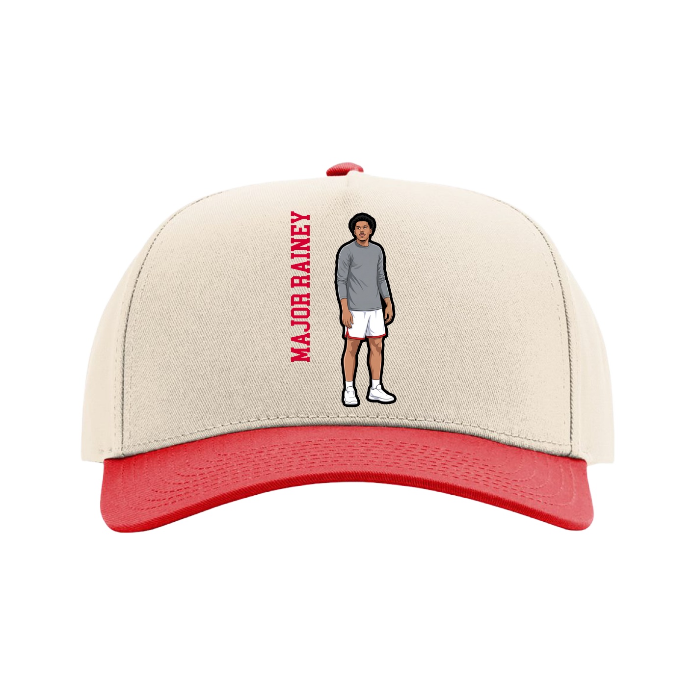 Full Fabric Five-Panel Champ Cap — Name Vertical in Cream/Red
