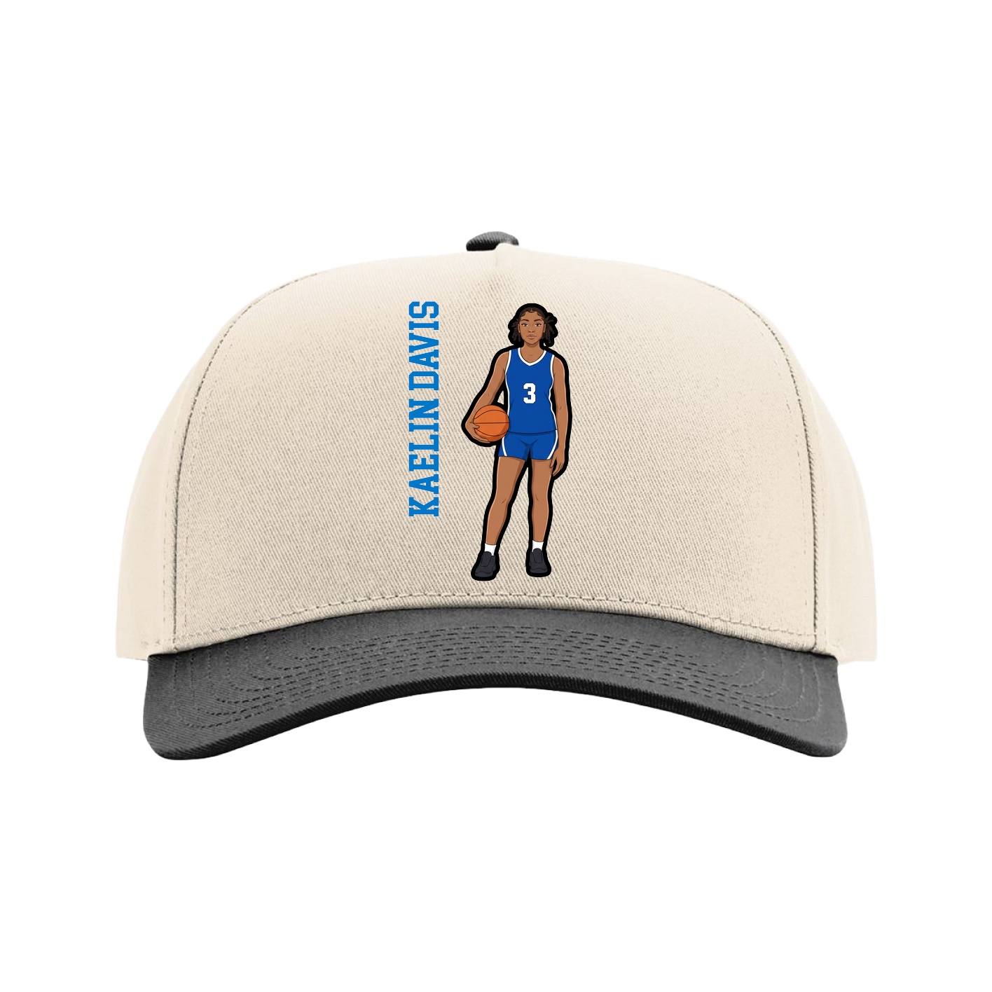 Full Fabric Five-Panel Champ Cap — Name Vertical in Cream/Black