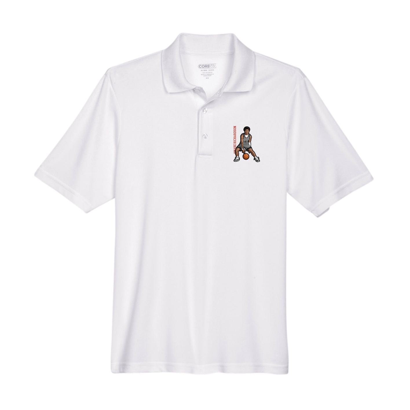 Performance Polo — Name Vertical in White