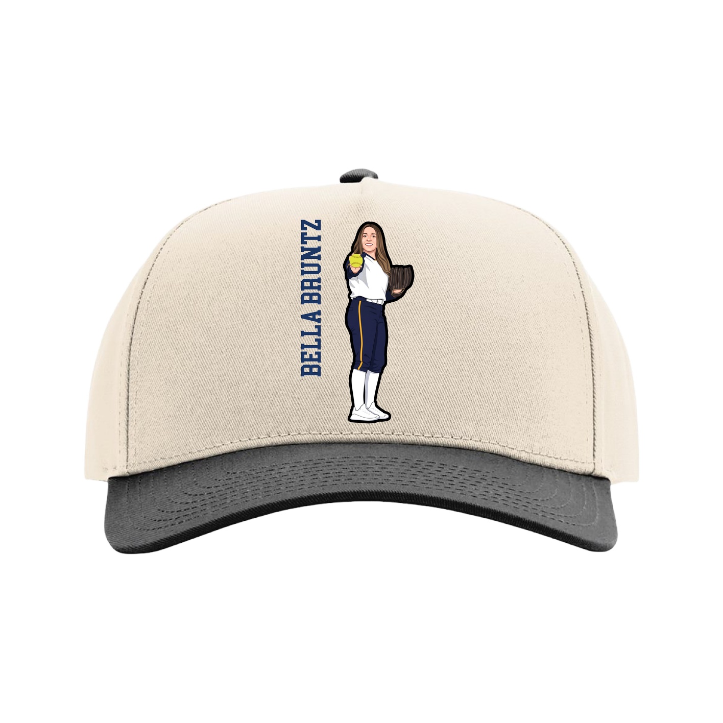 Full Fabric Five-Panel Champ Cap — Name Vertical in Cream/Black